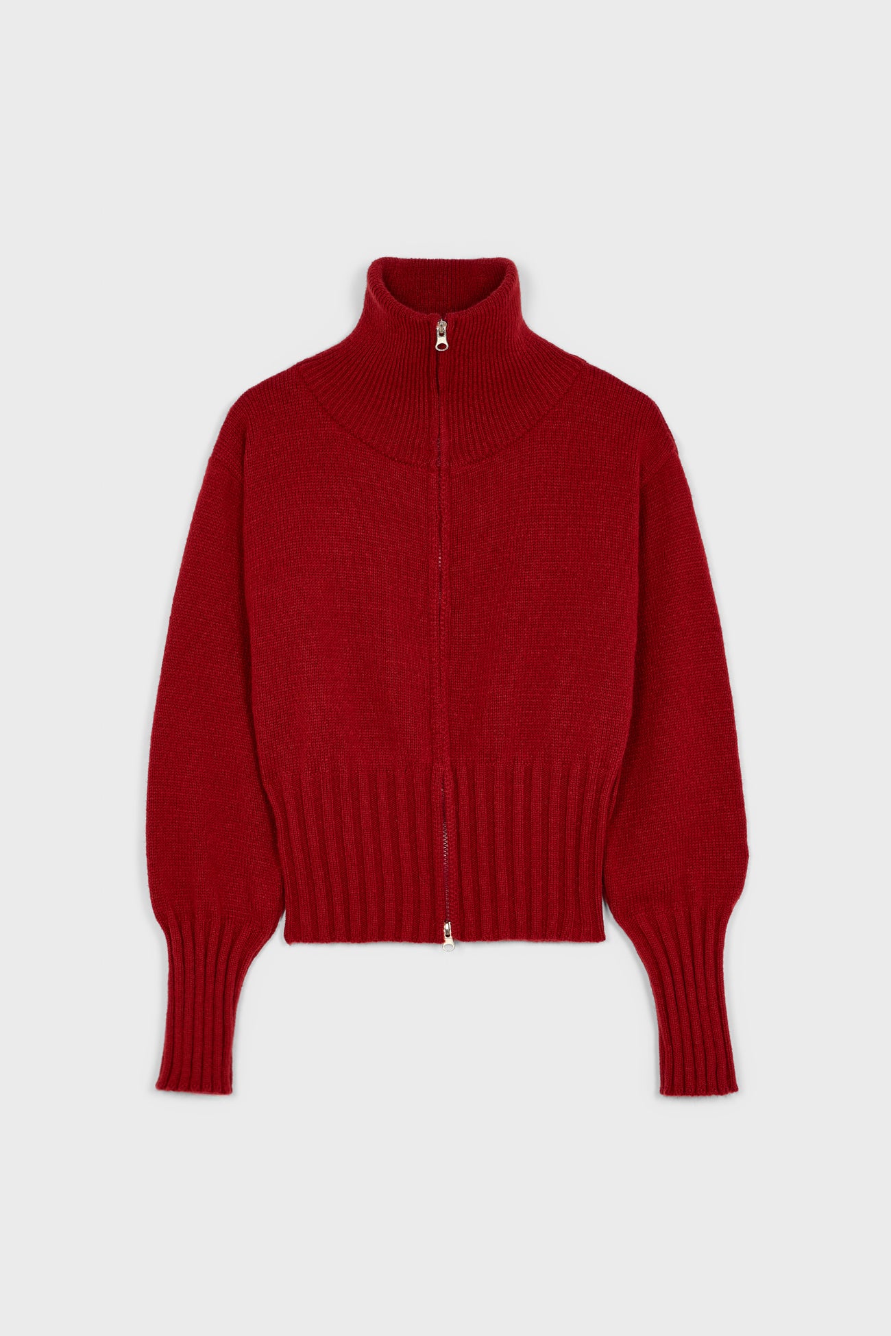Burgundy high neck double zip cardigan_5