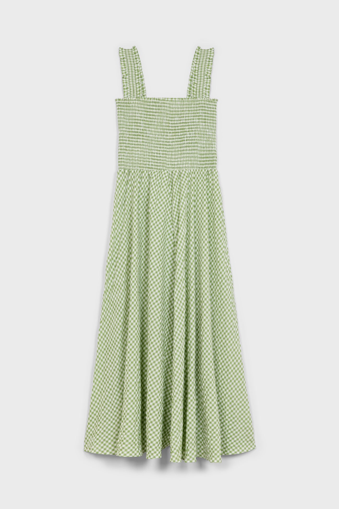 Green and white gingham ruched bodice dress_6