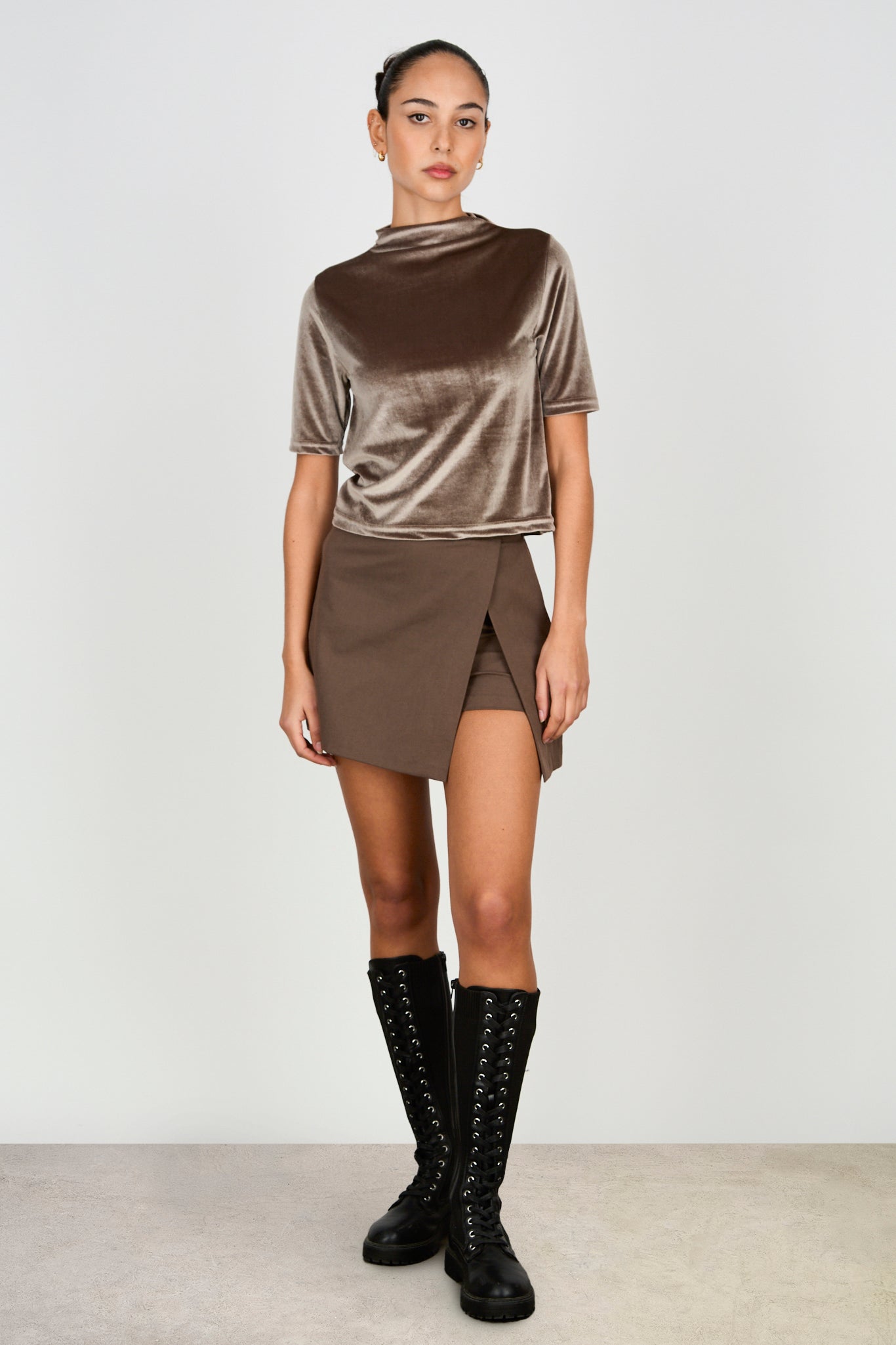 Mocha brown short sleeved velvet mock neck top_5