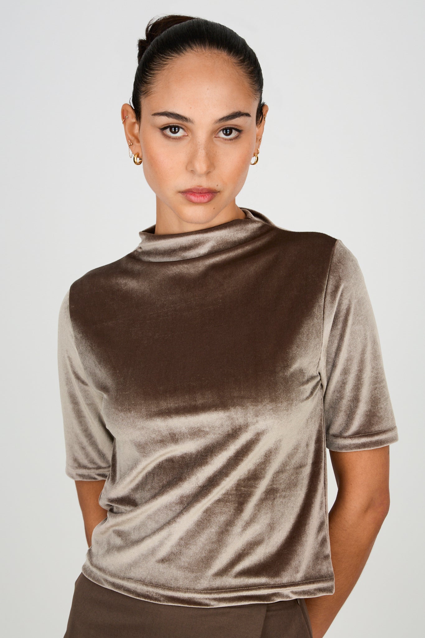 Mocha brown short sleeved velvet mock neck top_1