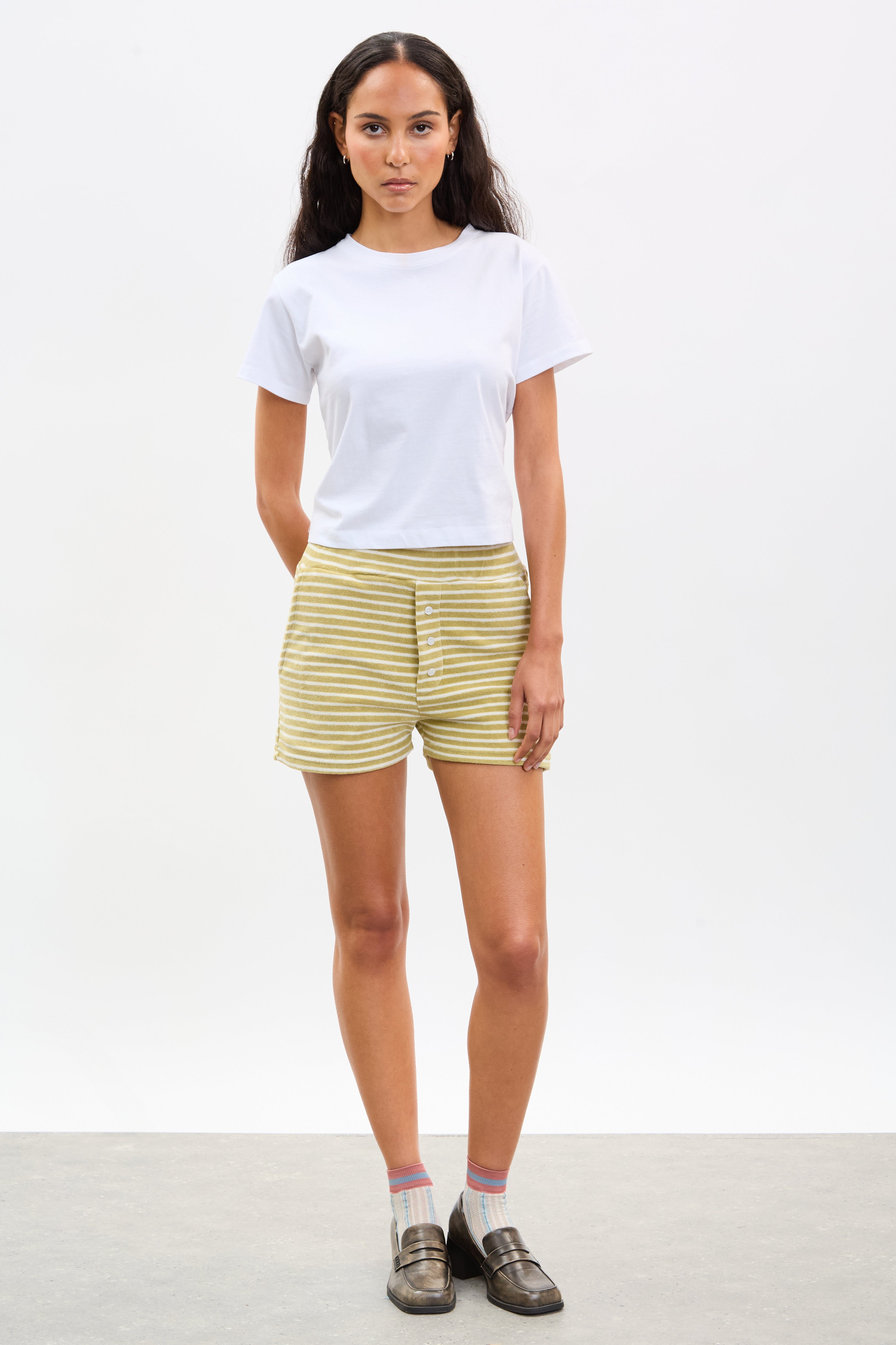 Mustard and white striped terrycloth shorts_4