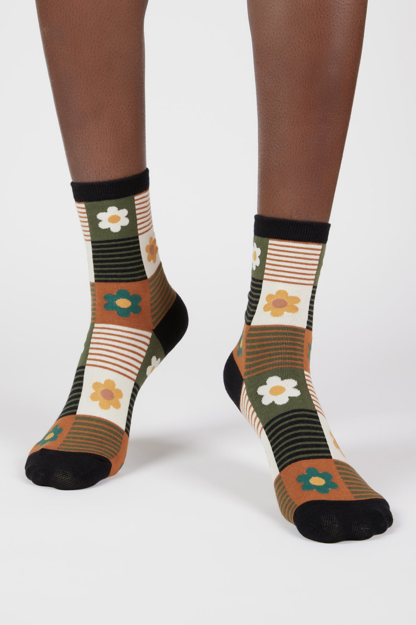 Mustard and green floral striped check socks_4