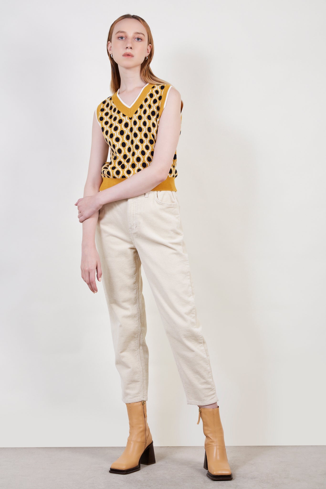 Mustard and ivory geometric circles knit vest_2