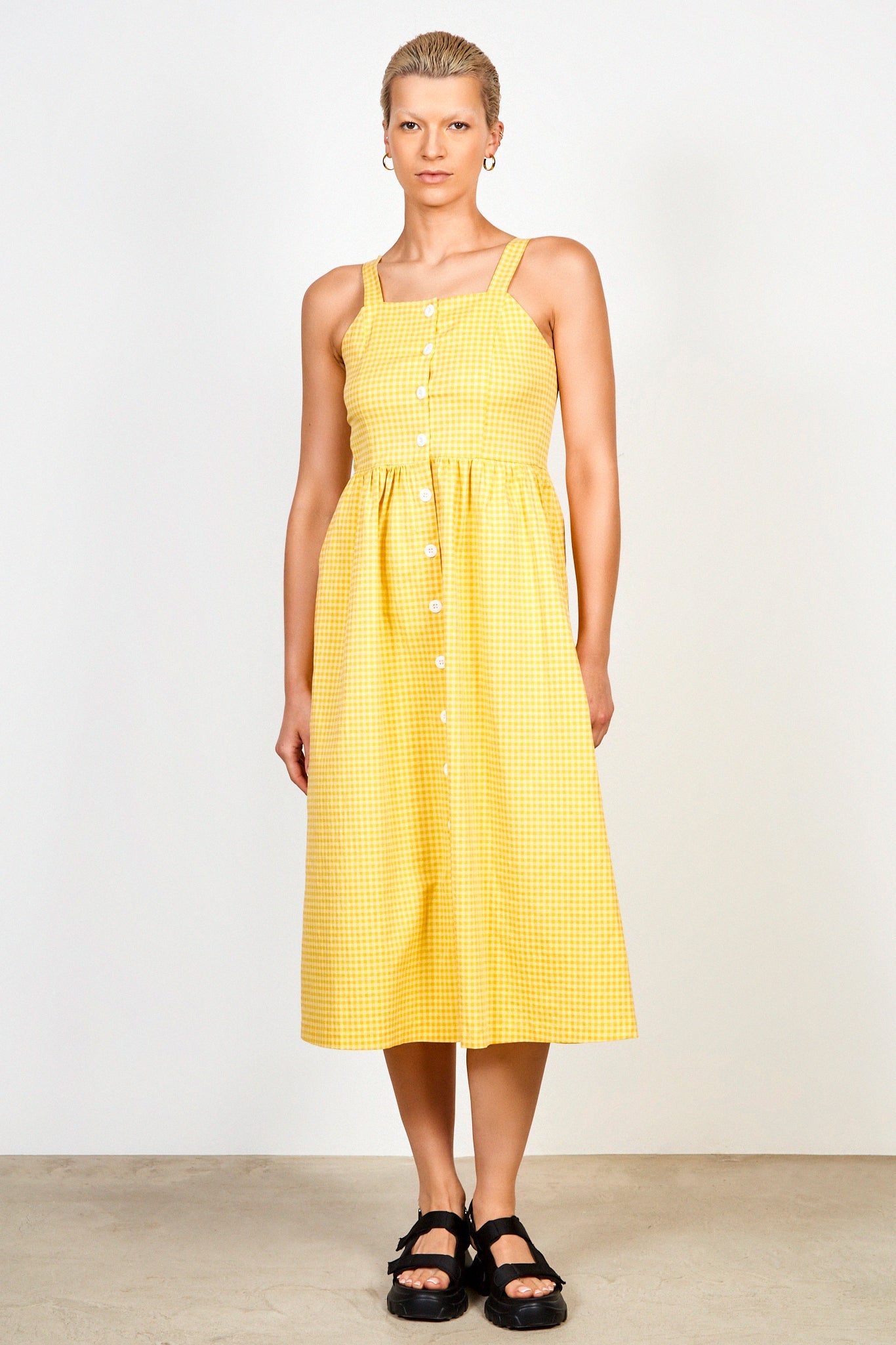 Mustard gingham button front dress_1