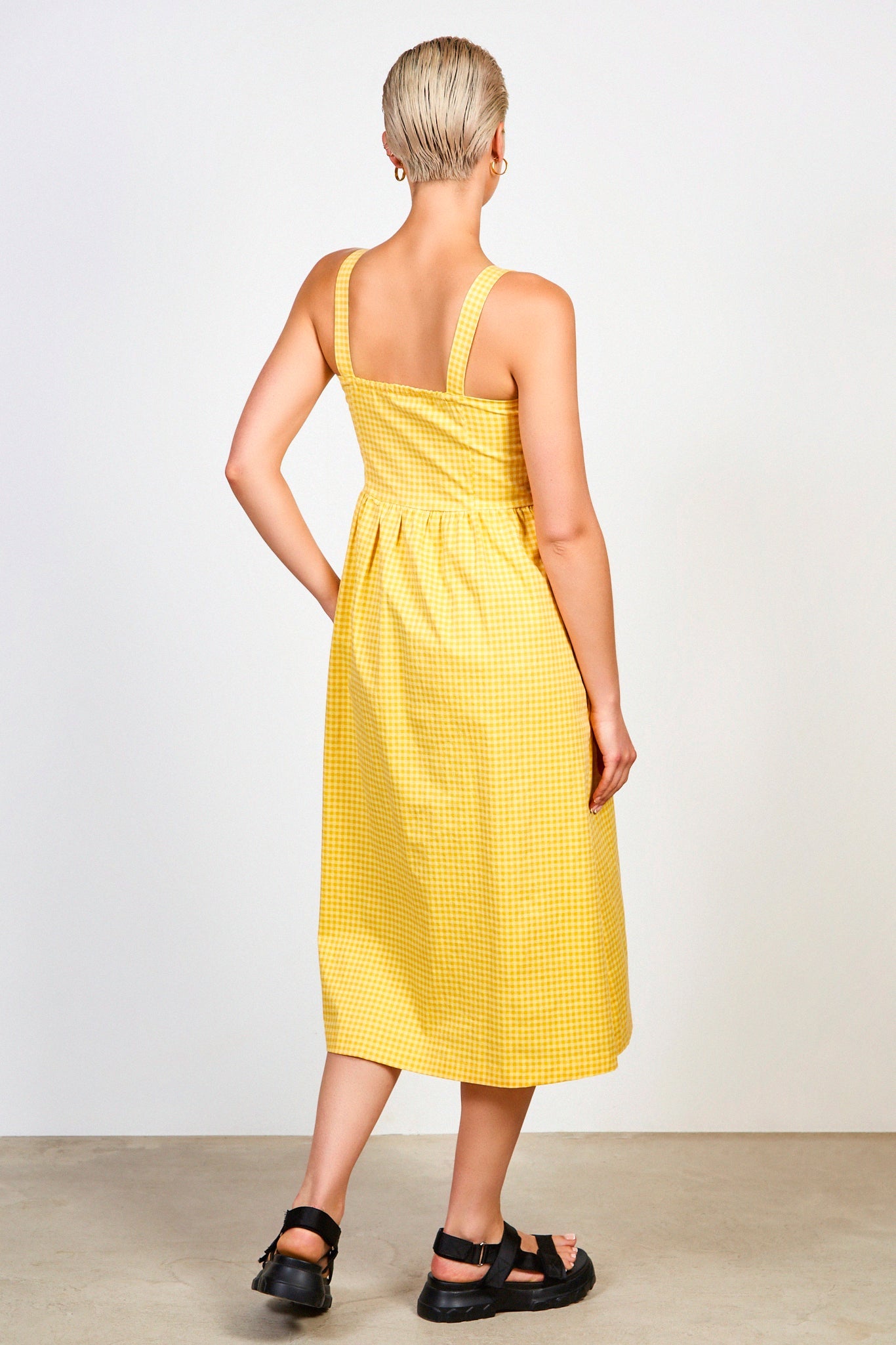 Mustard gingham button front dress_2