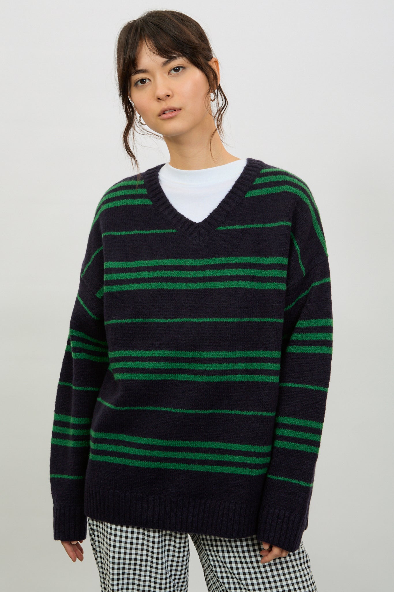 Navy and green striped V-neck jumper_1