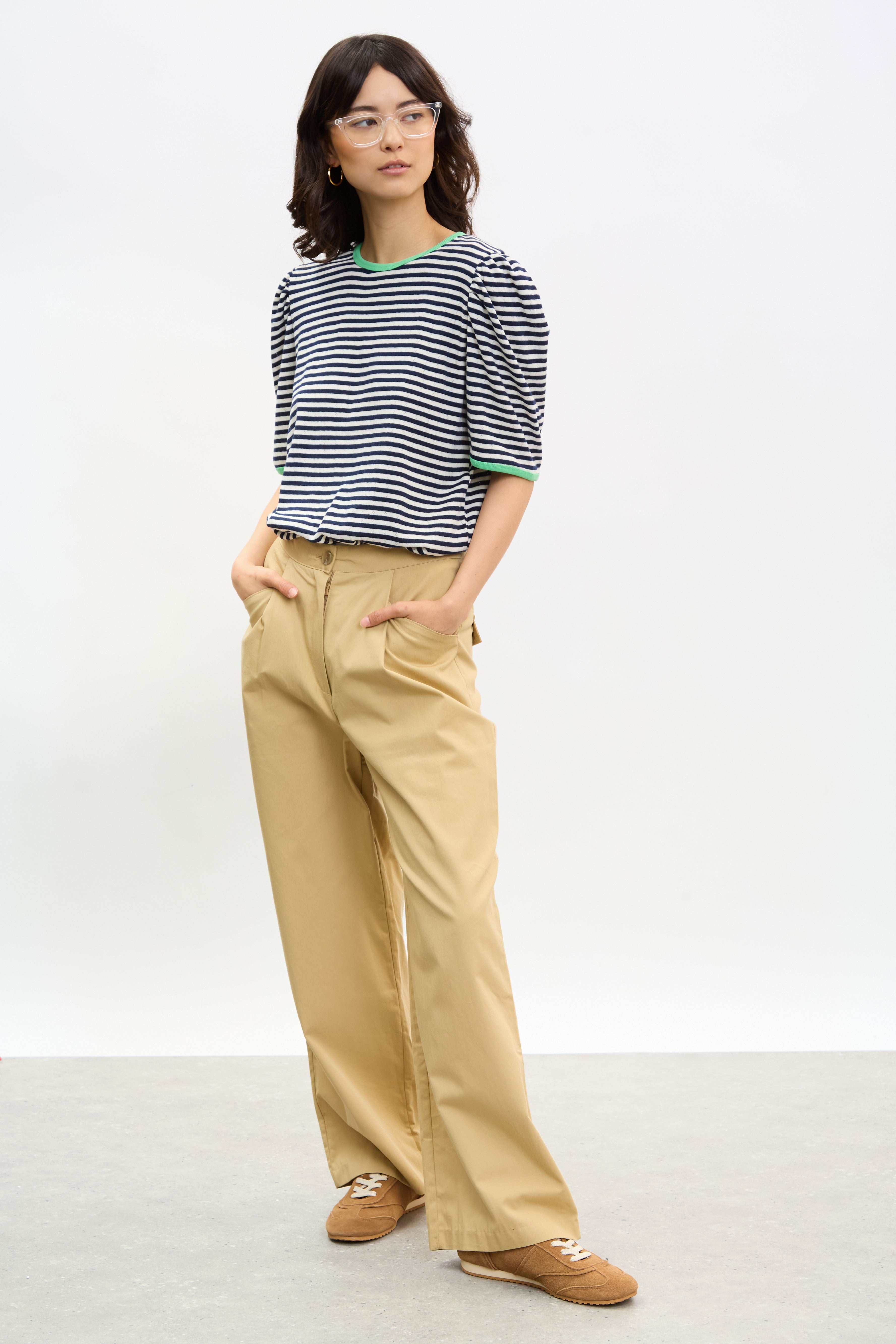 Navy and ivory striped green contrast trim tee_4