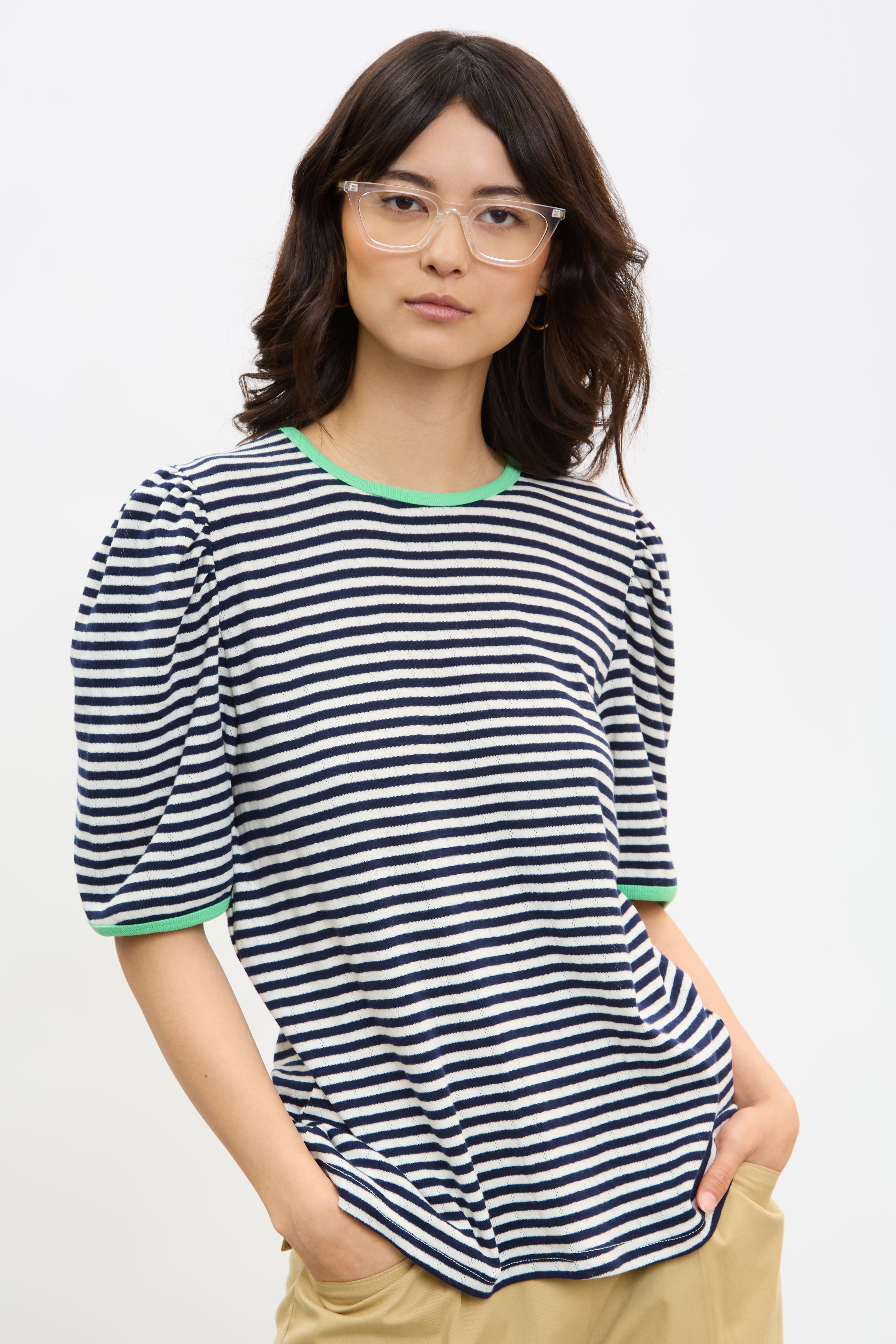 Navy and ivory striped green contrast trim tee_1