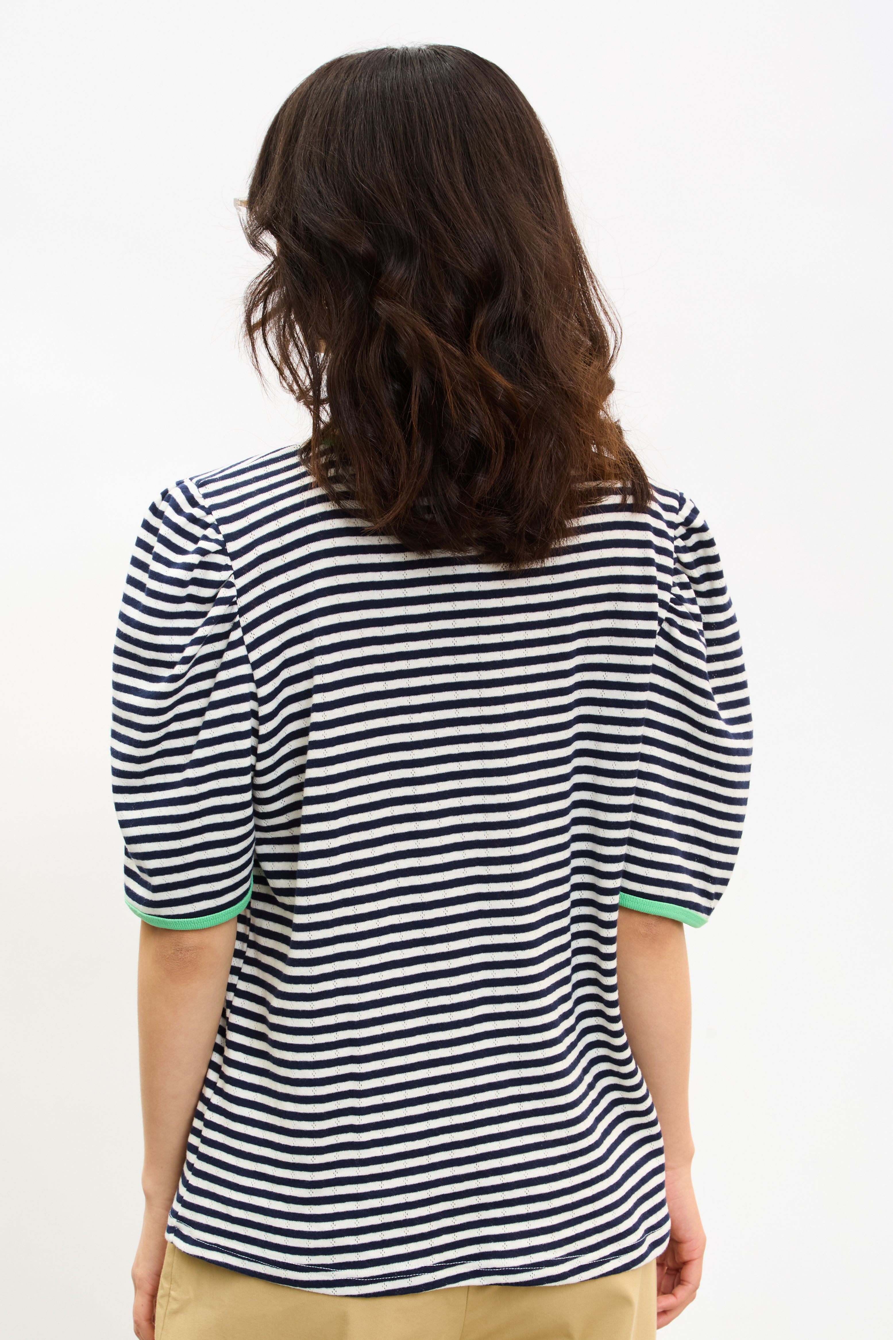 Navy and ivory striped green contrast trim tee_2