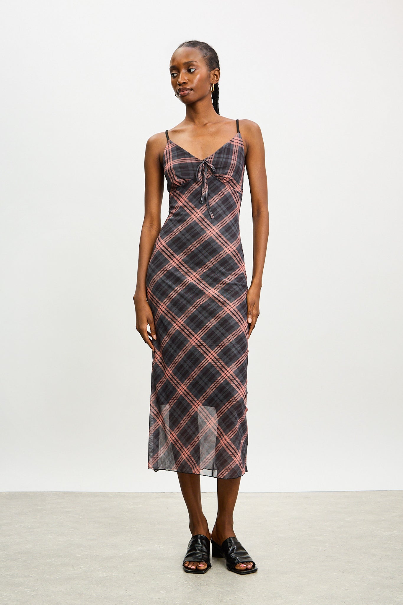 Navy and orange bias plaid strappy dress_1