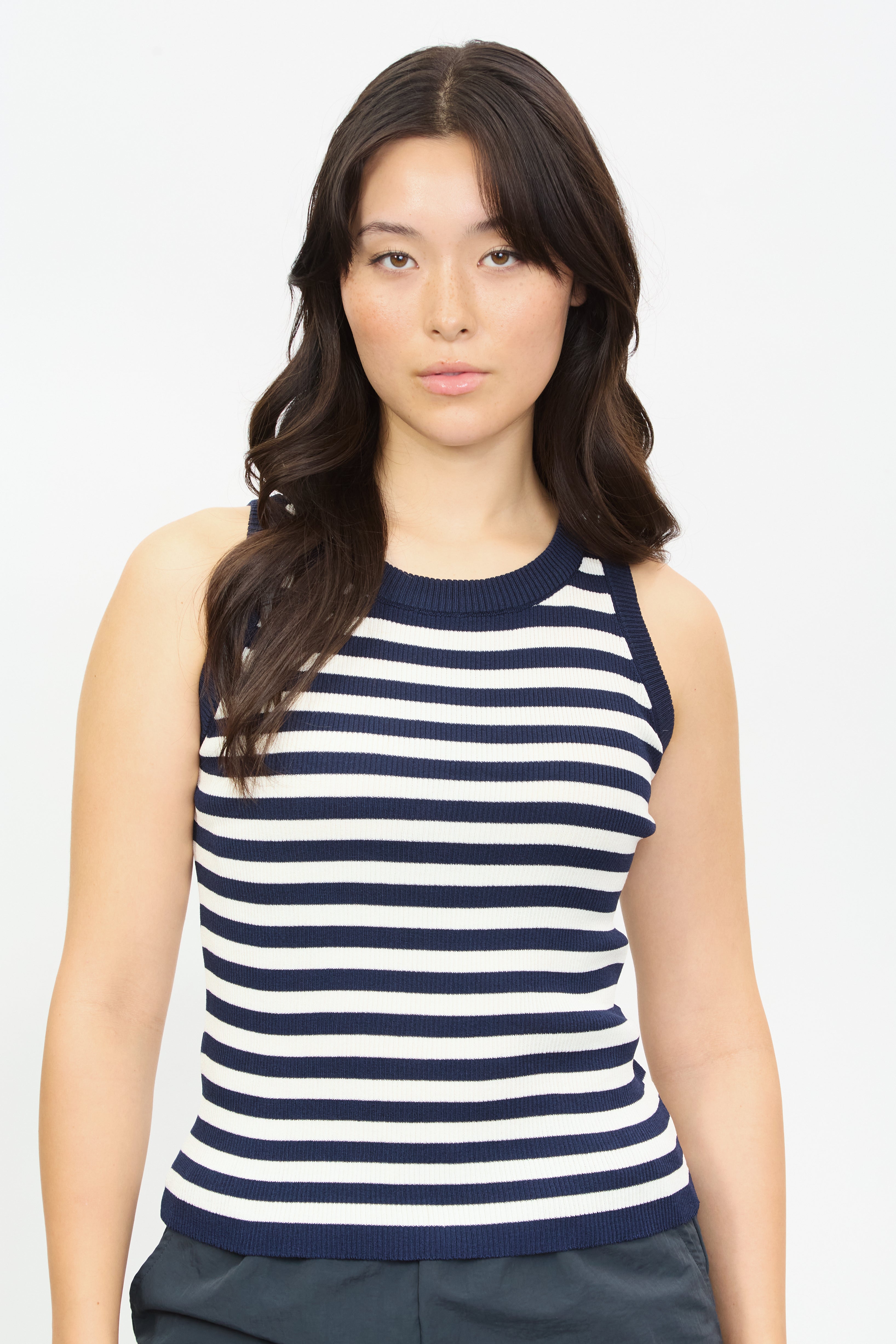 Navy and white horizontal stripe long knit tank_1