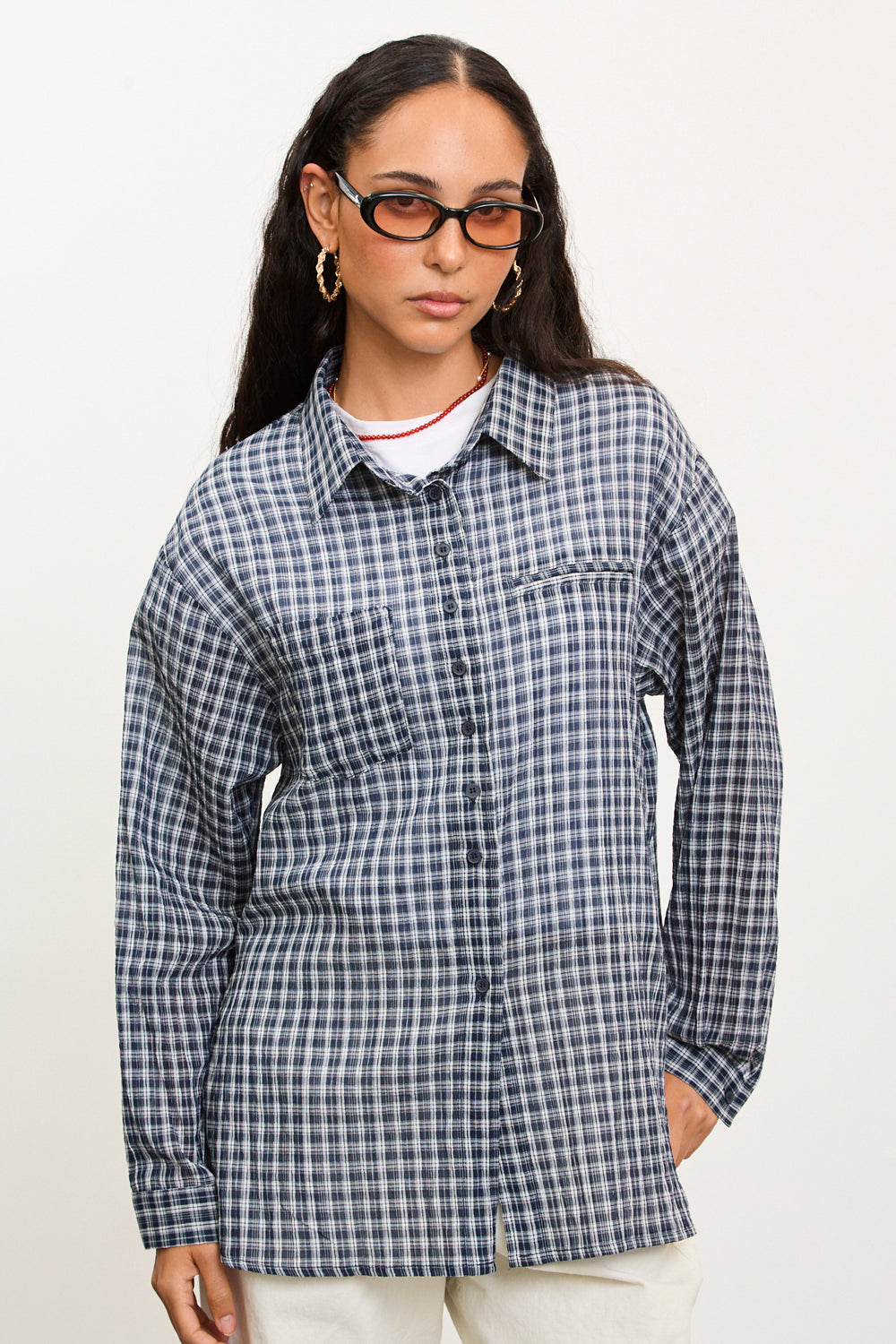 Navy and white tiny plaid shirt_1
