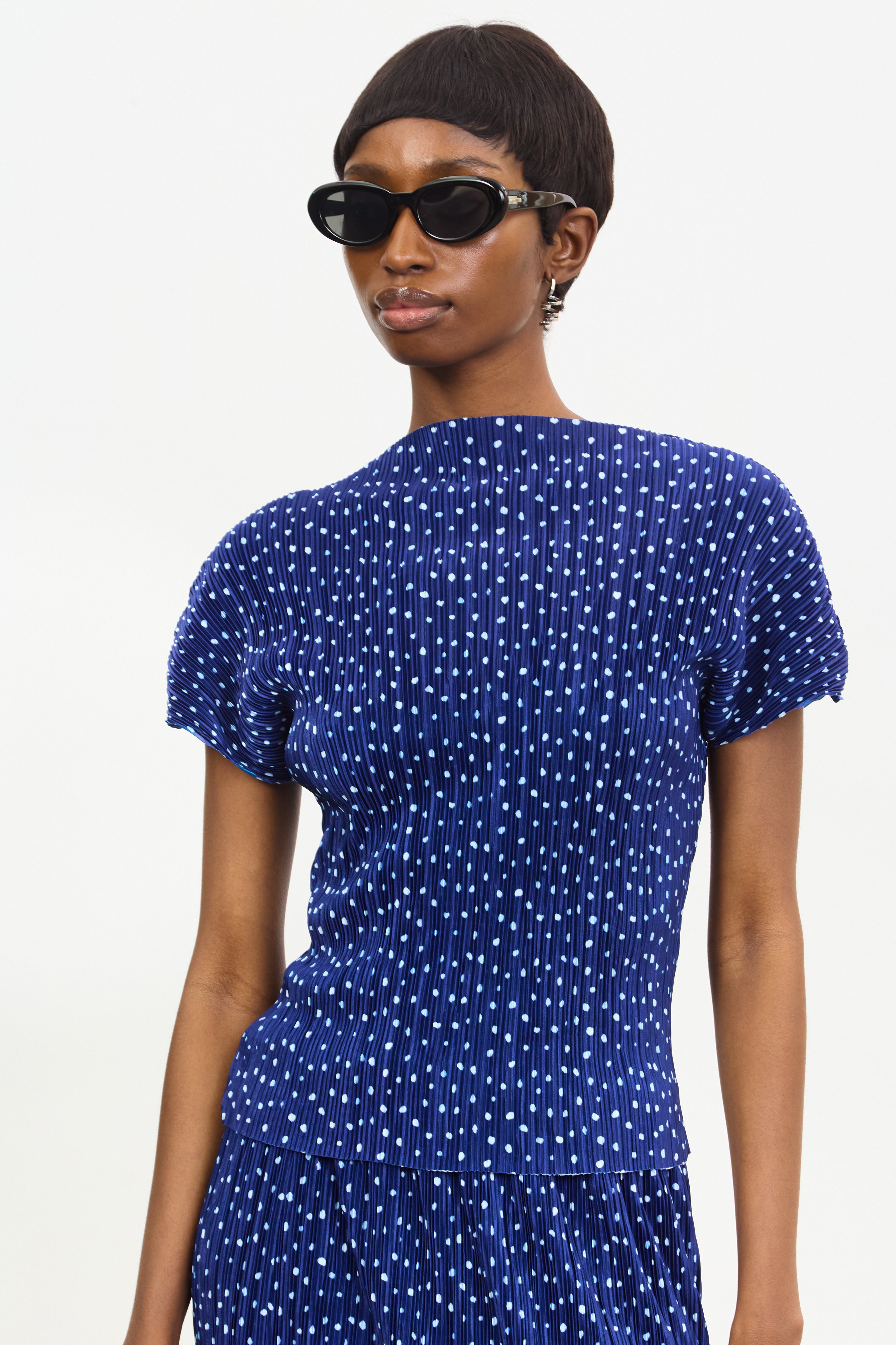 Navy blue and ivory polka dot ribbed short sleeved top_1