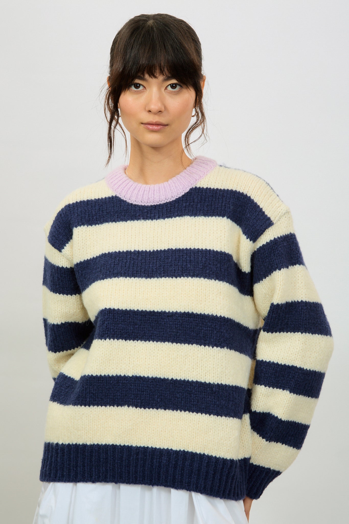 Navy blue and ivory striped lilac contrast trim jumper_1