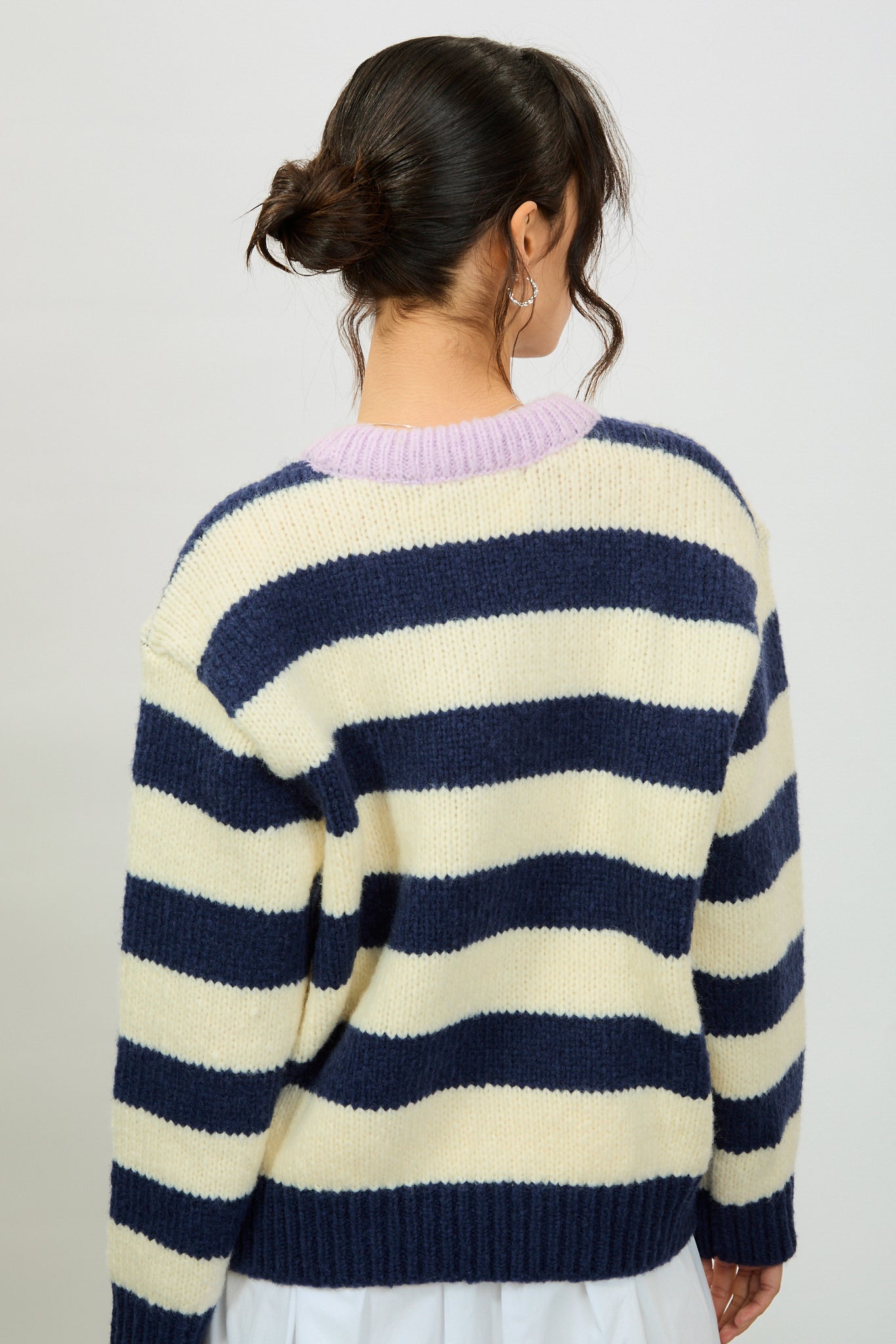 Navy blue and ivory striped lilac contrast trim jumper_2