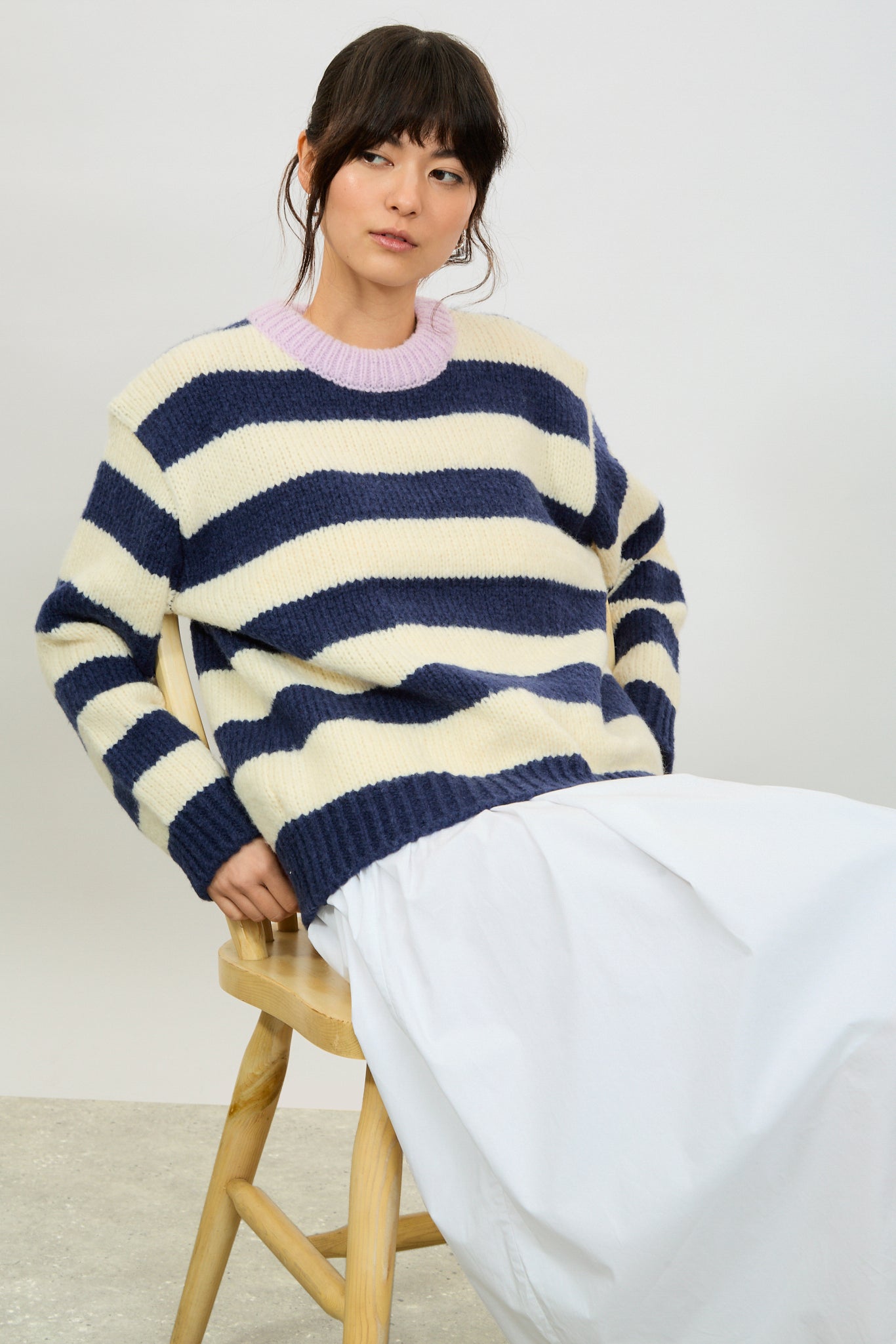 Navy blue and ivory striped lilac contrast trim jumper_5