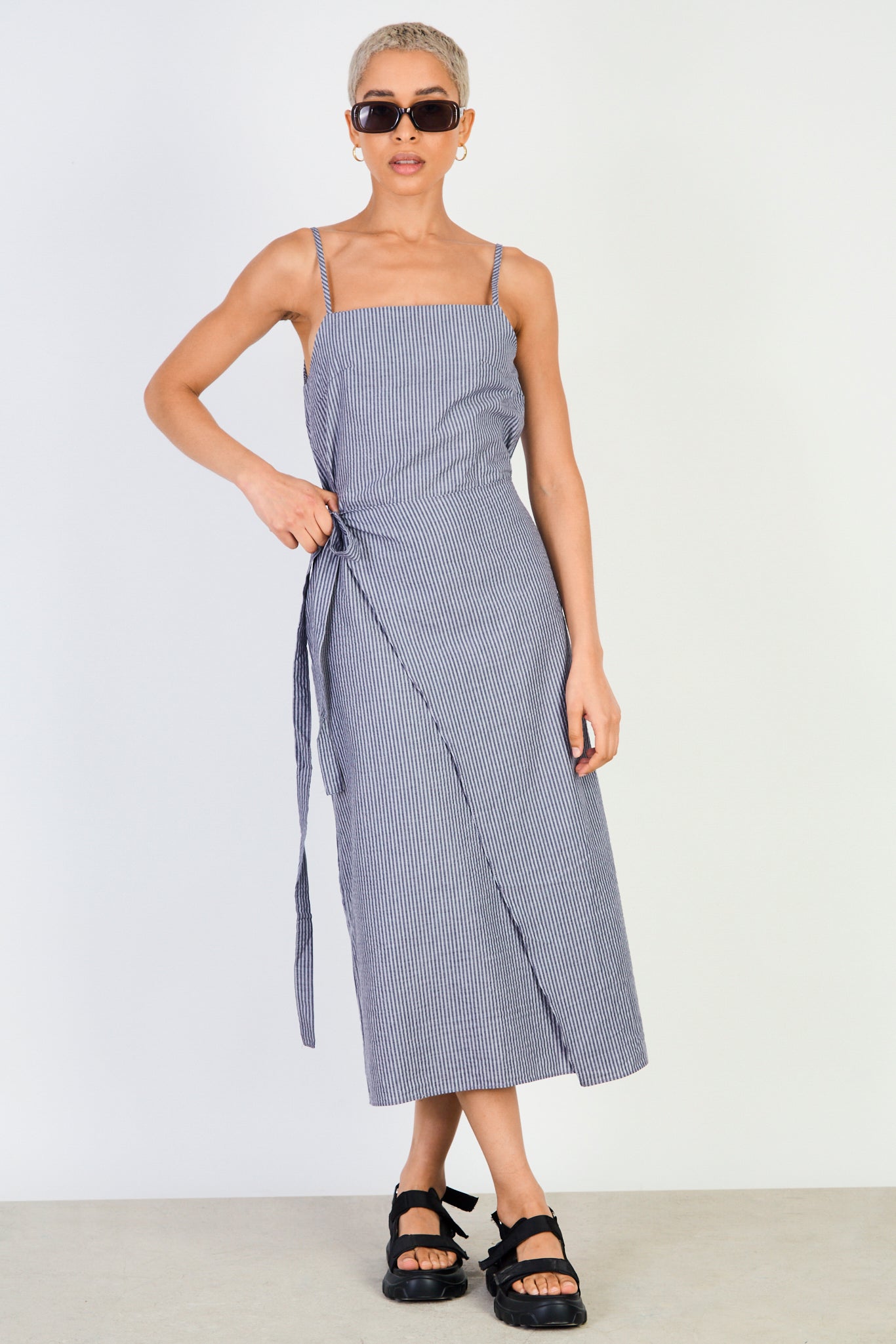 Navy blue and white vertical stripe tie waist dress_1