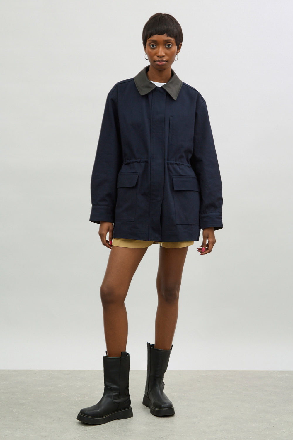 Navy blue contrast vegan leather collar jacket_5