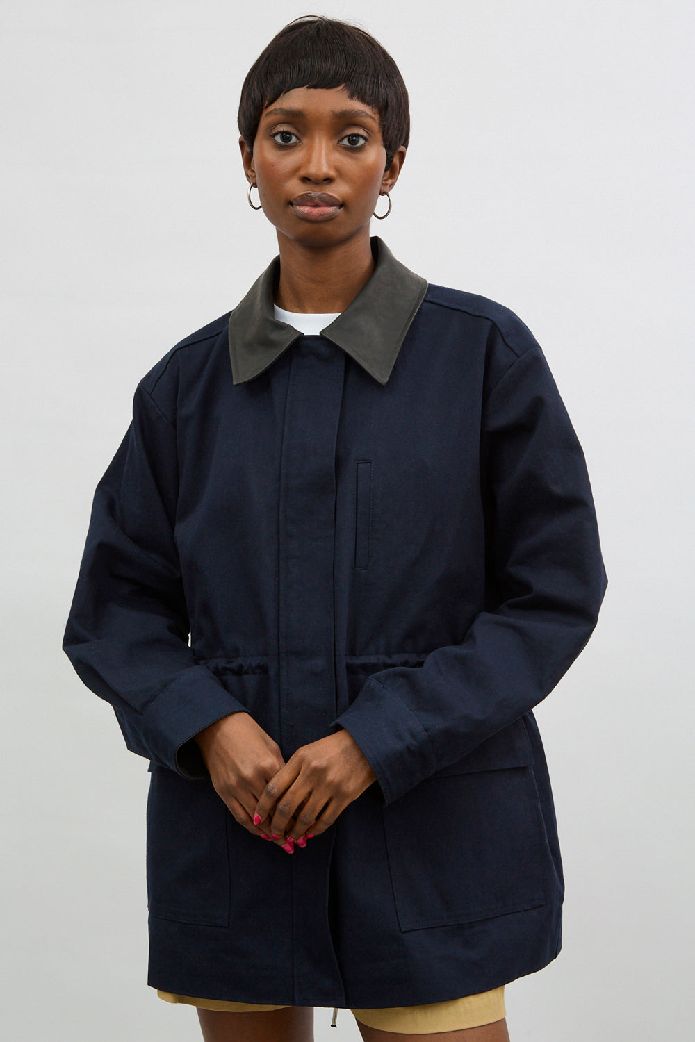 Navy blue contrast vegan leather collar jacket_1