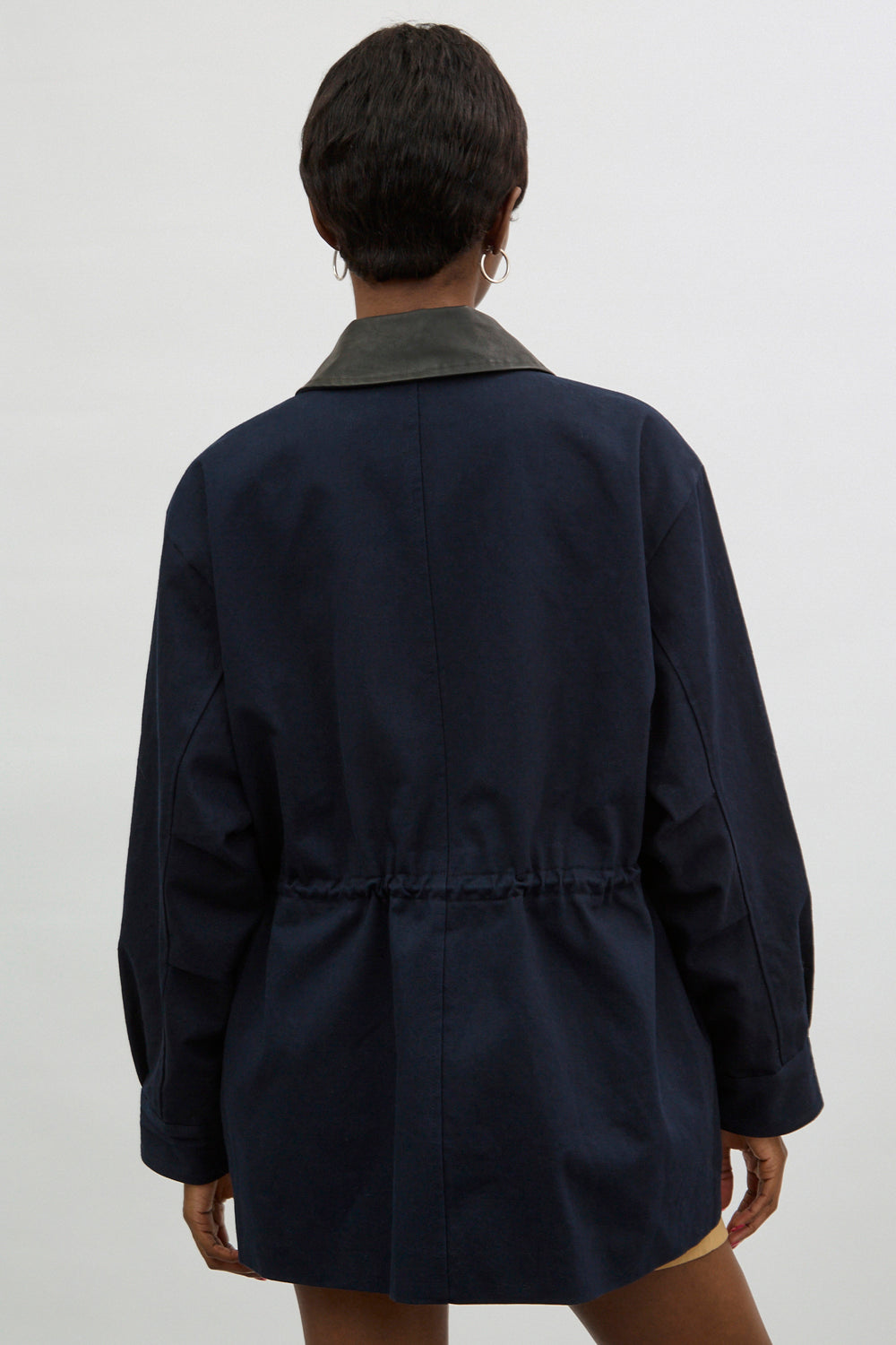 Navy blue contrast vegan leather collar jacket_3