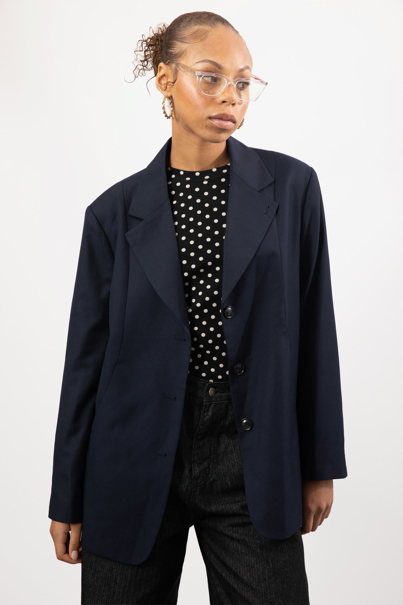 Navy blue curved seam detail blazer_1