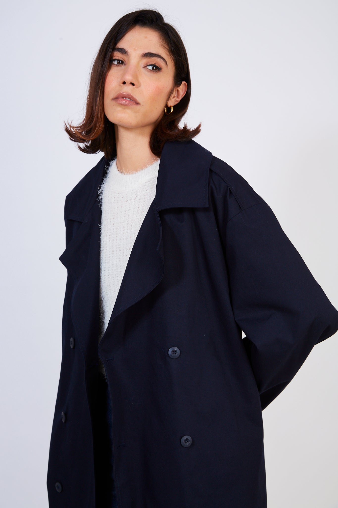 Navy blue double breasted trench coat_3