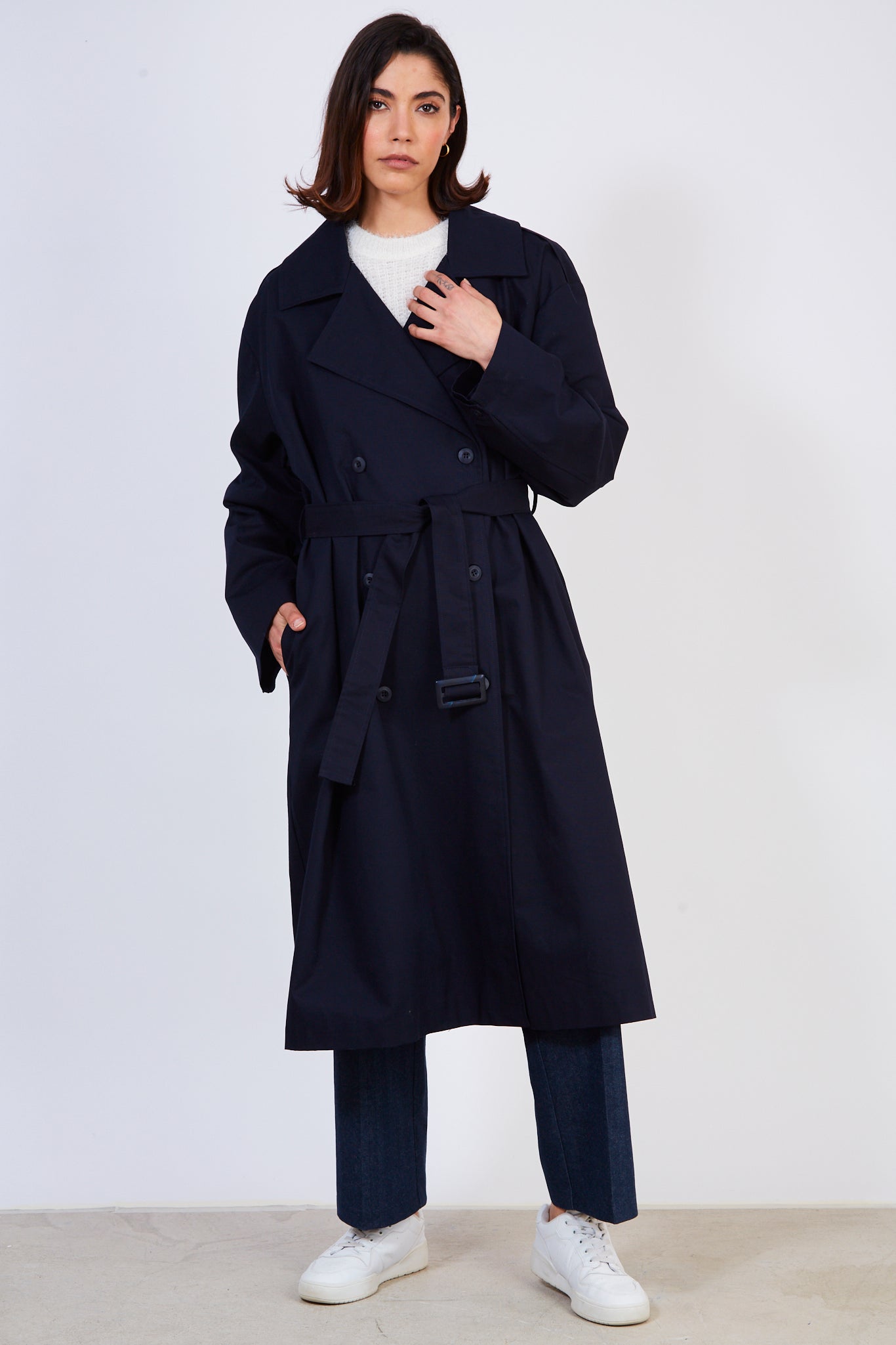 Navy blue double breasted trench coat_4