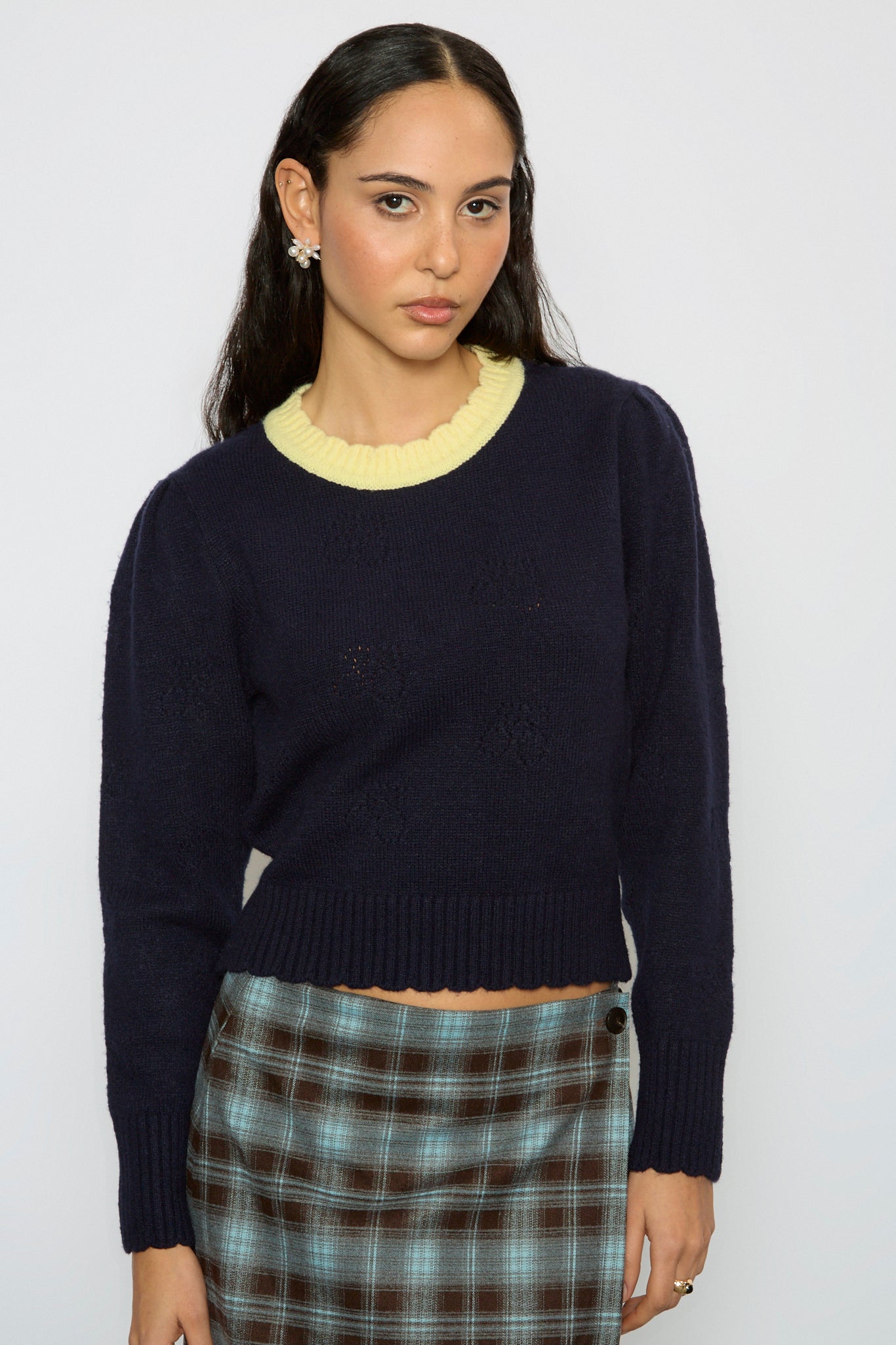 Navy blue intarsia floral yellow scalloped trim jumper_1