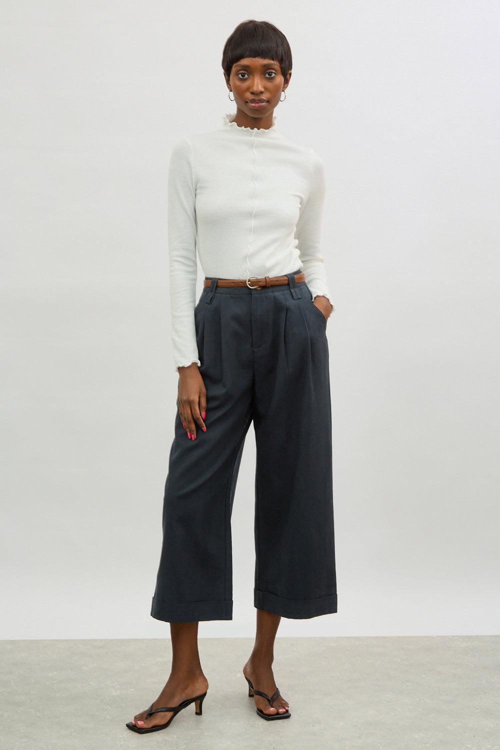 Navy blue pleated brown belted trousers_4