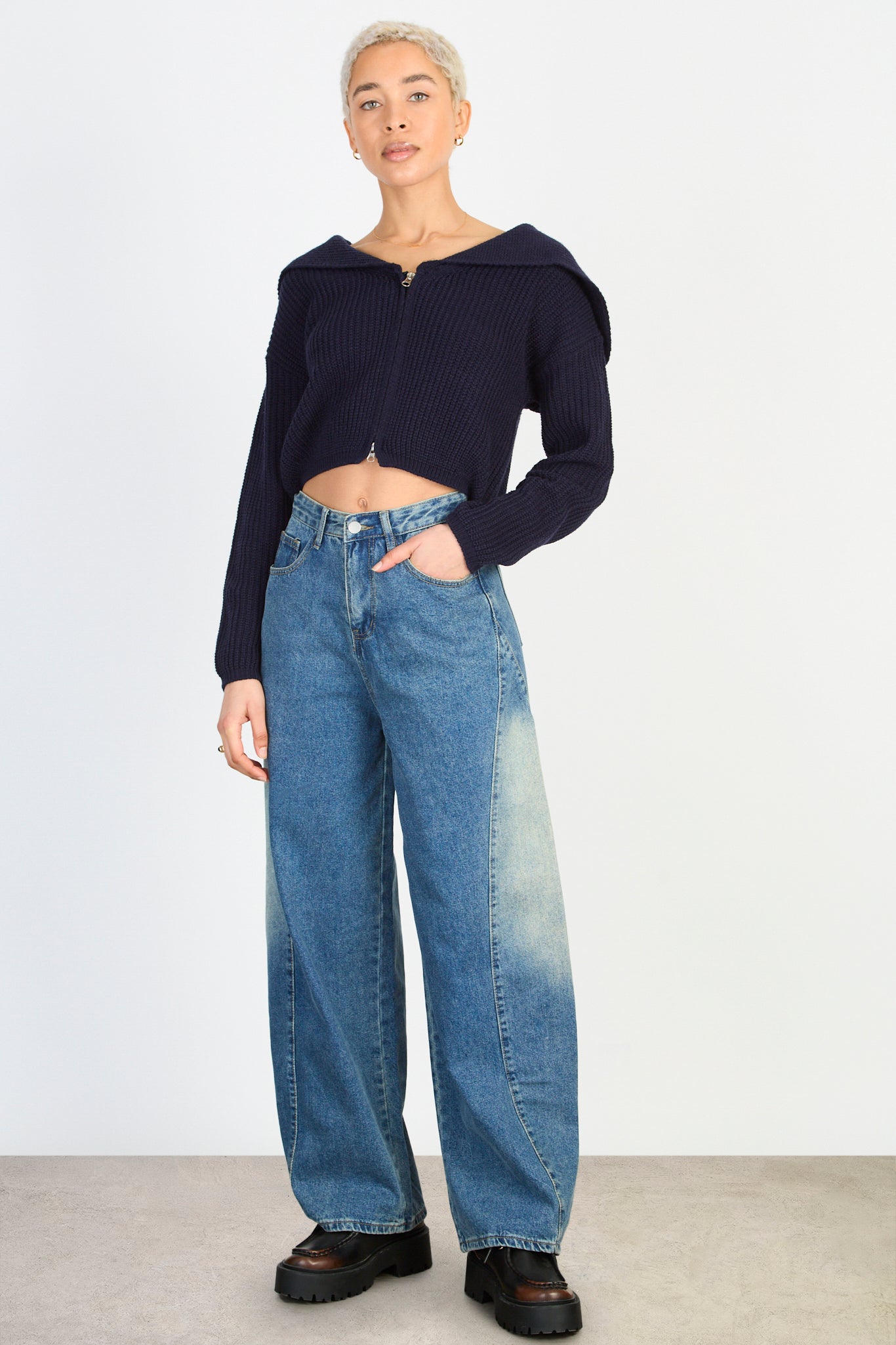 Navy blue ribbed giant collar double zip cardigan_4