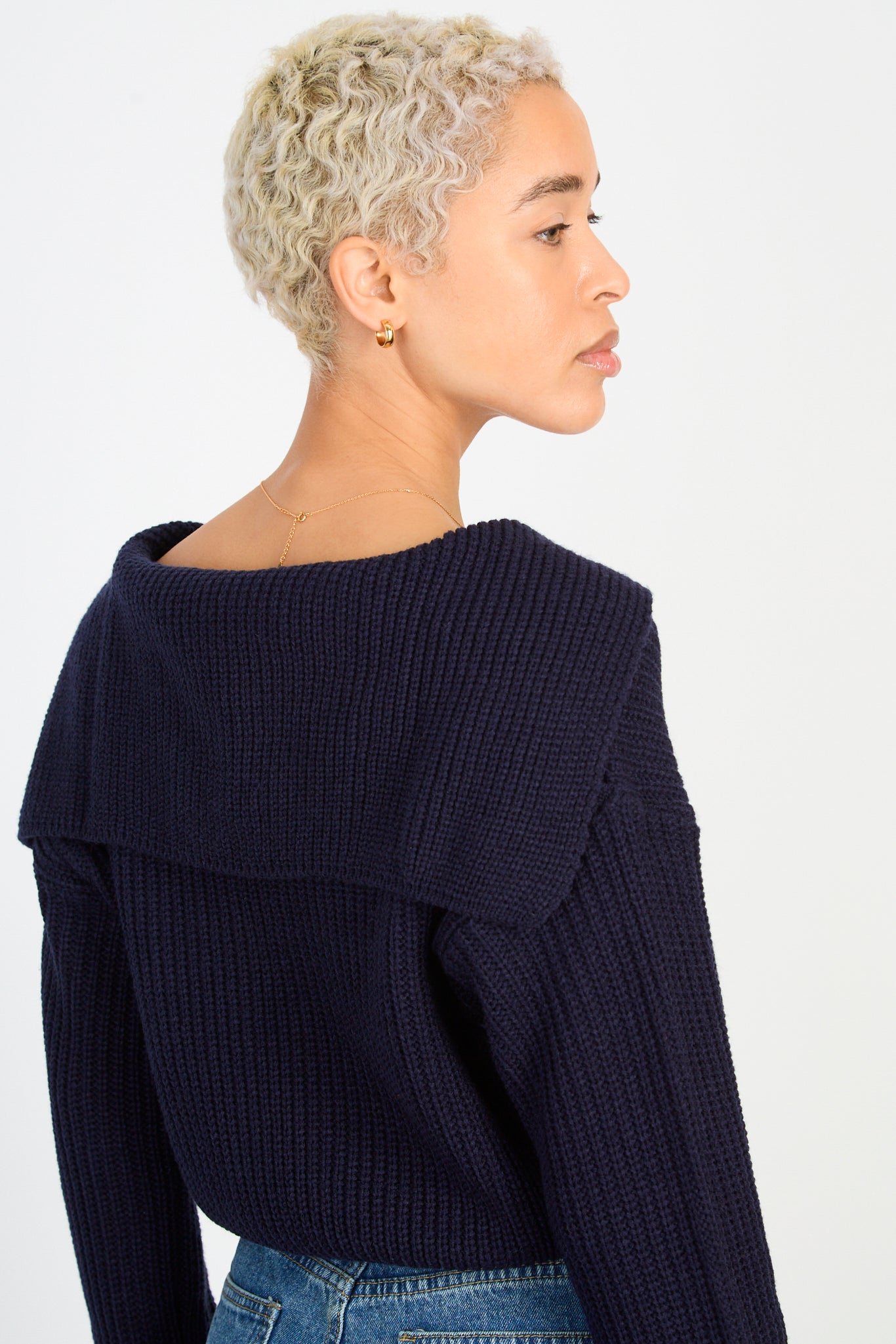 Navy blue ribbed giant collar double zip cardigan_2