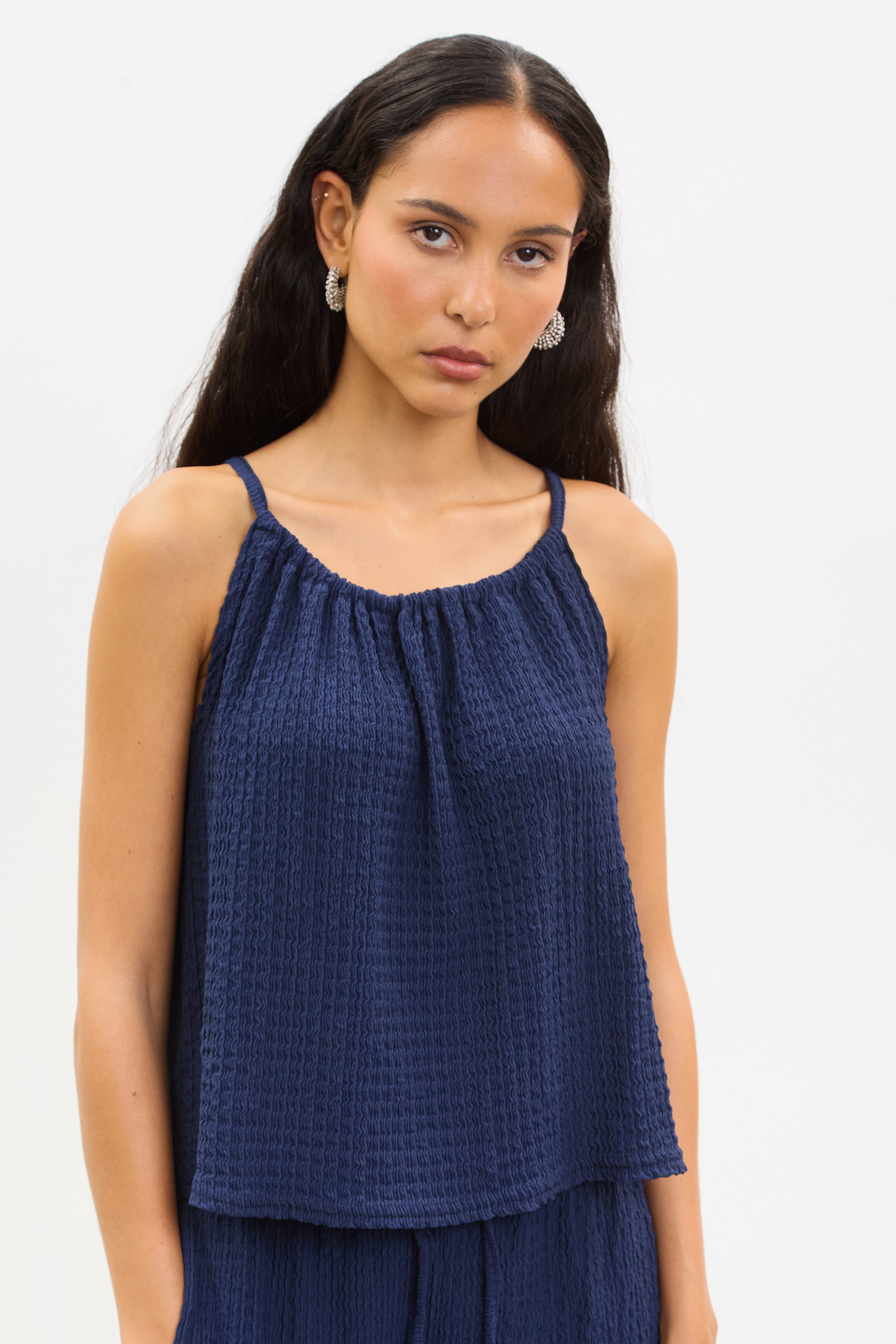 Navy blue textured halter tank top_1