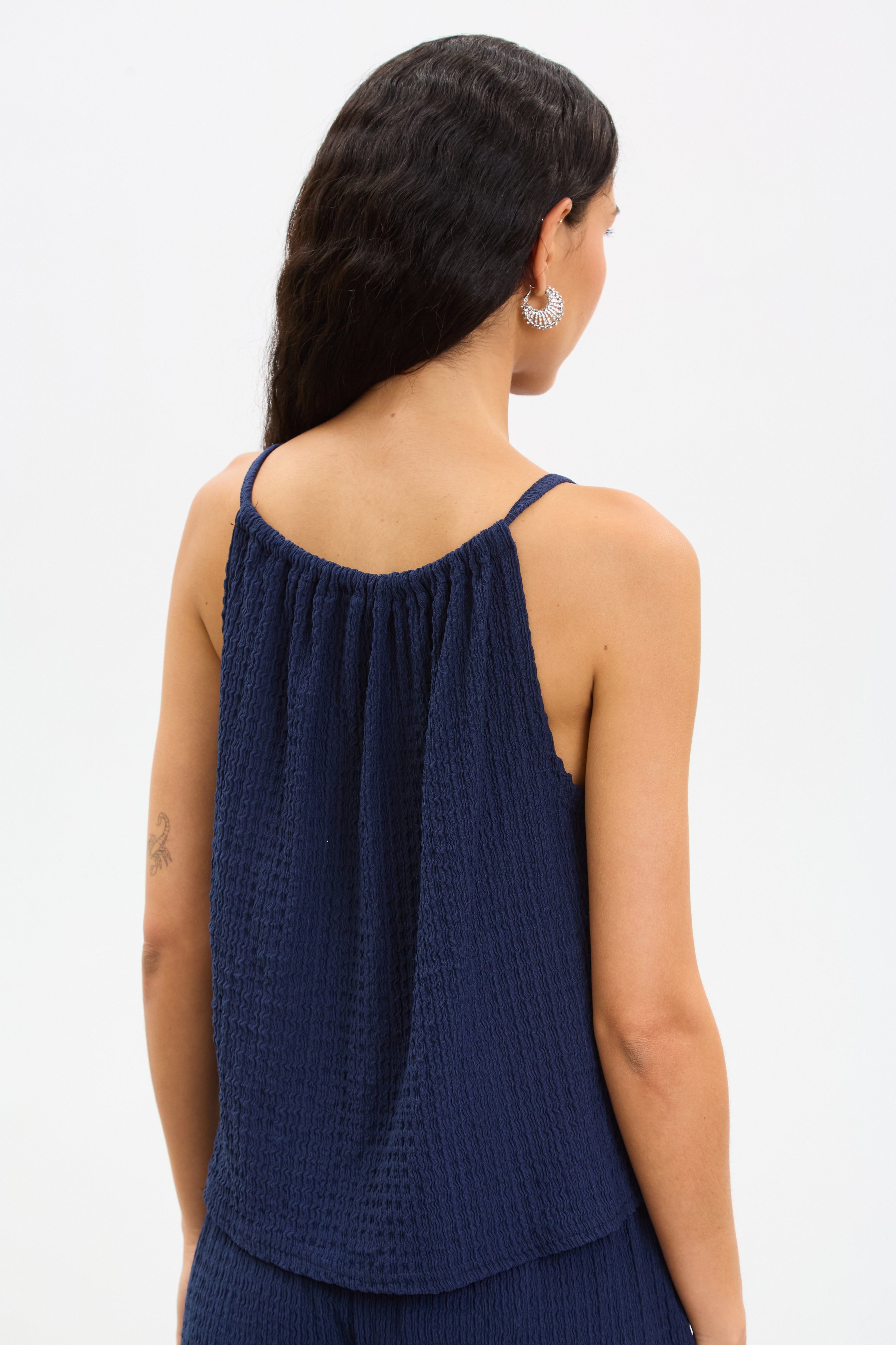 Navy blue textured halter tank top_2