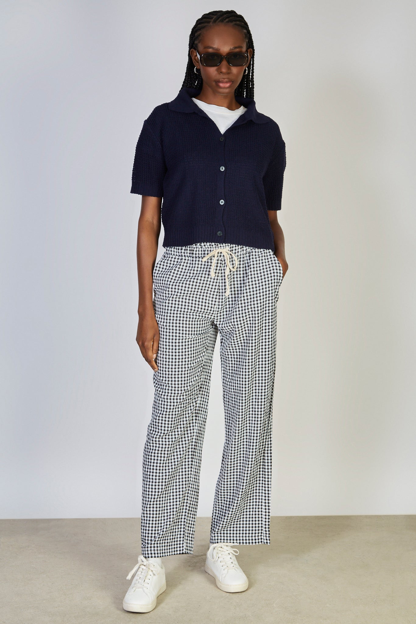 Navy blue waffle knit button up tee_4