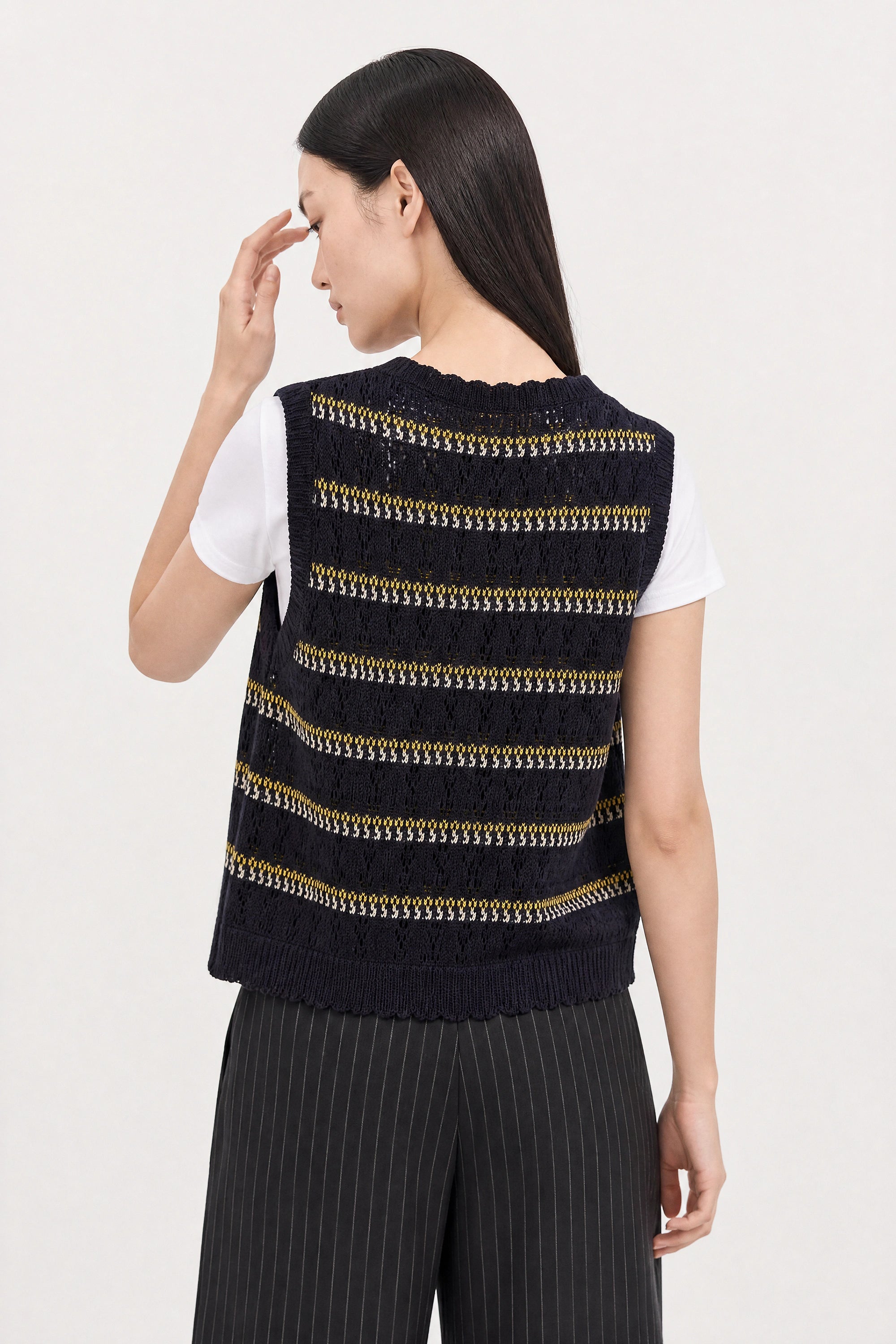 Navy blue yellow and white striped crochet button up sweater vest_3