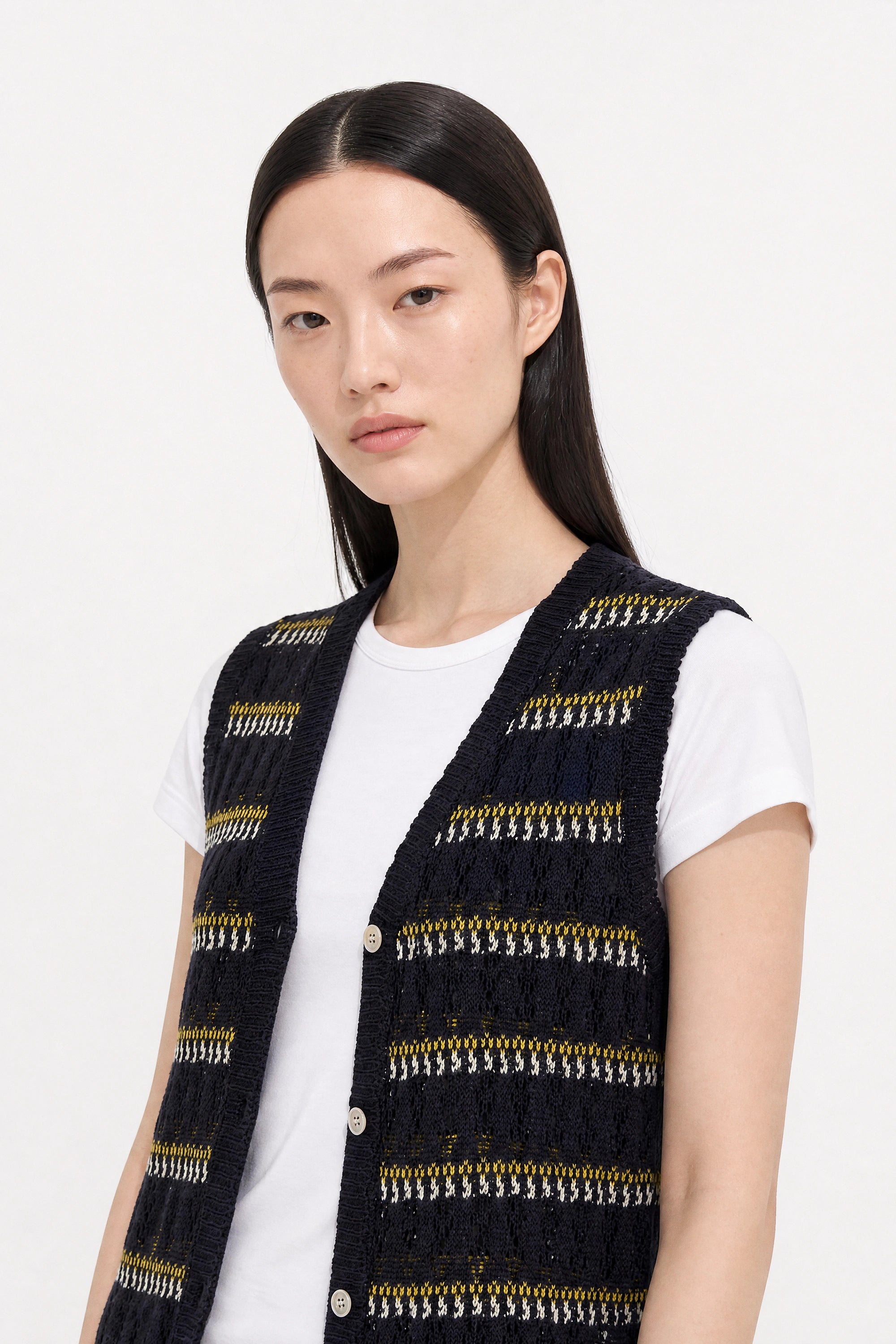 Navy blue yellow and white striped crochet button up sweater vest_4