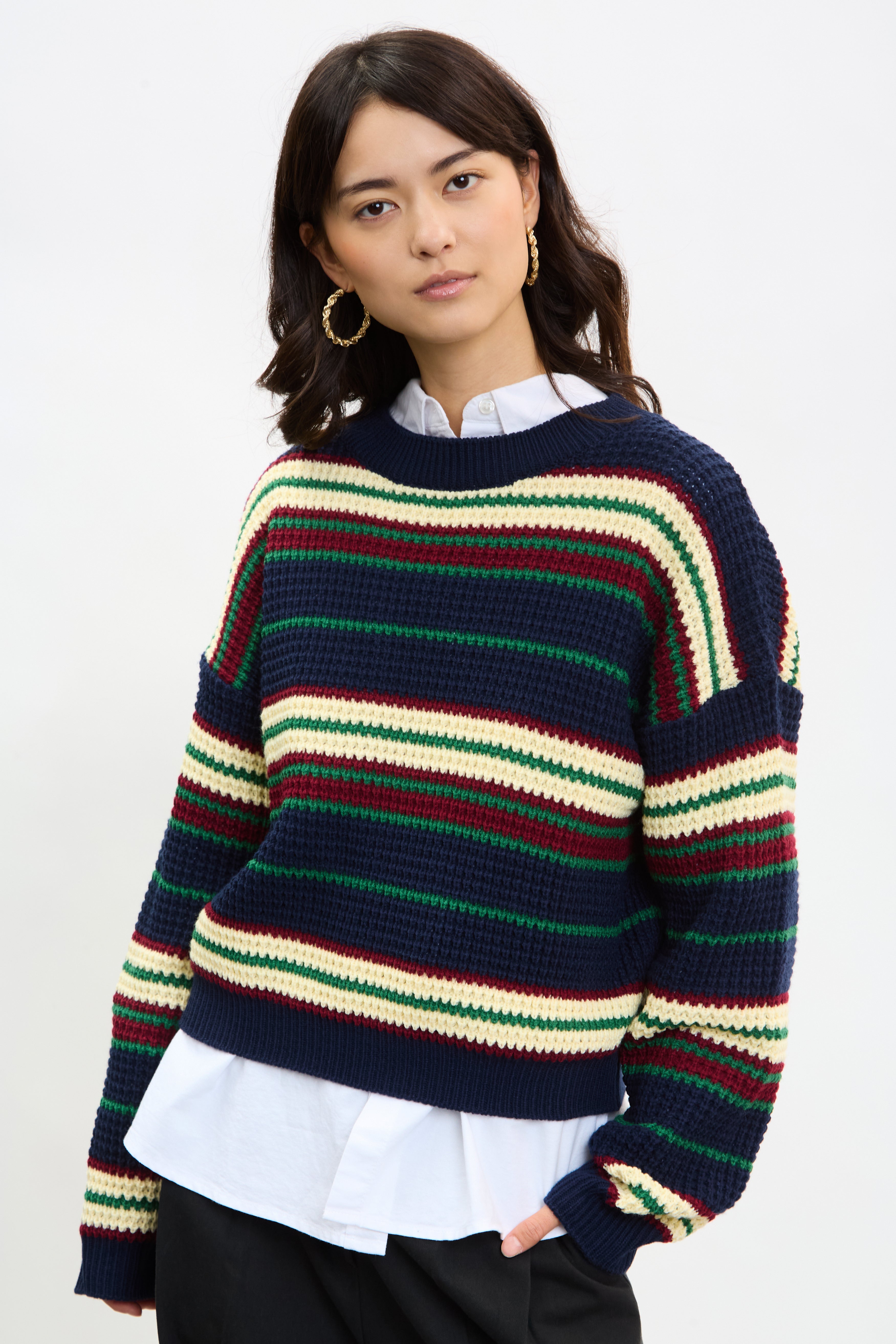 Navy burgundy and green striped jumper_1