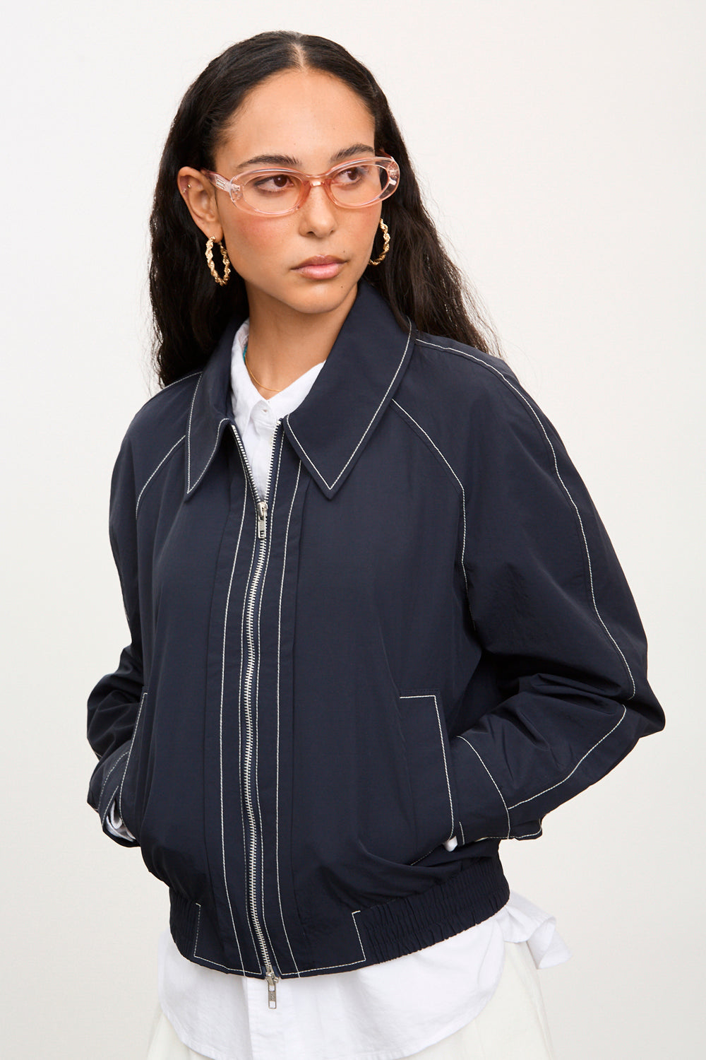 Navy contrast stitch bomber jacket_1
