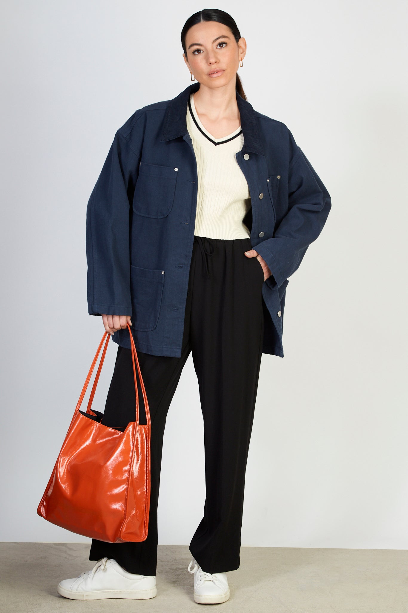 Navy cotton twill corduroy collar jacket_4