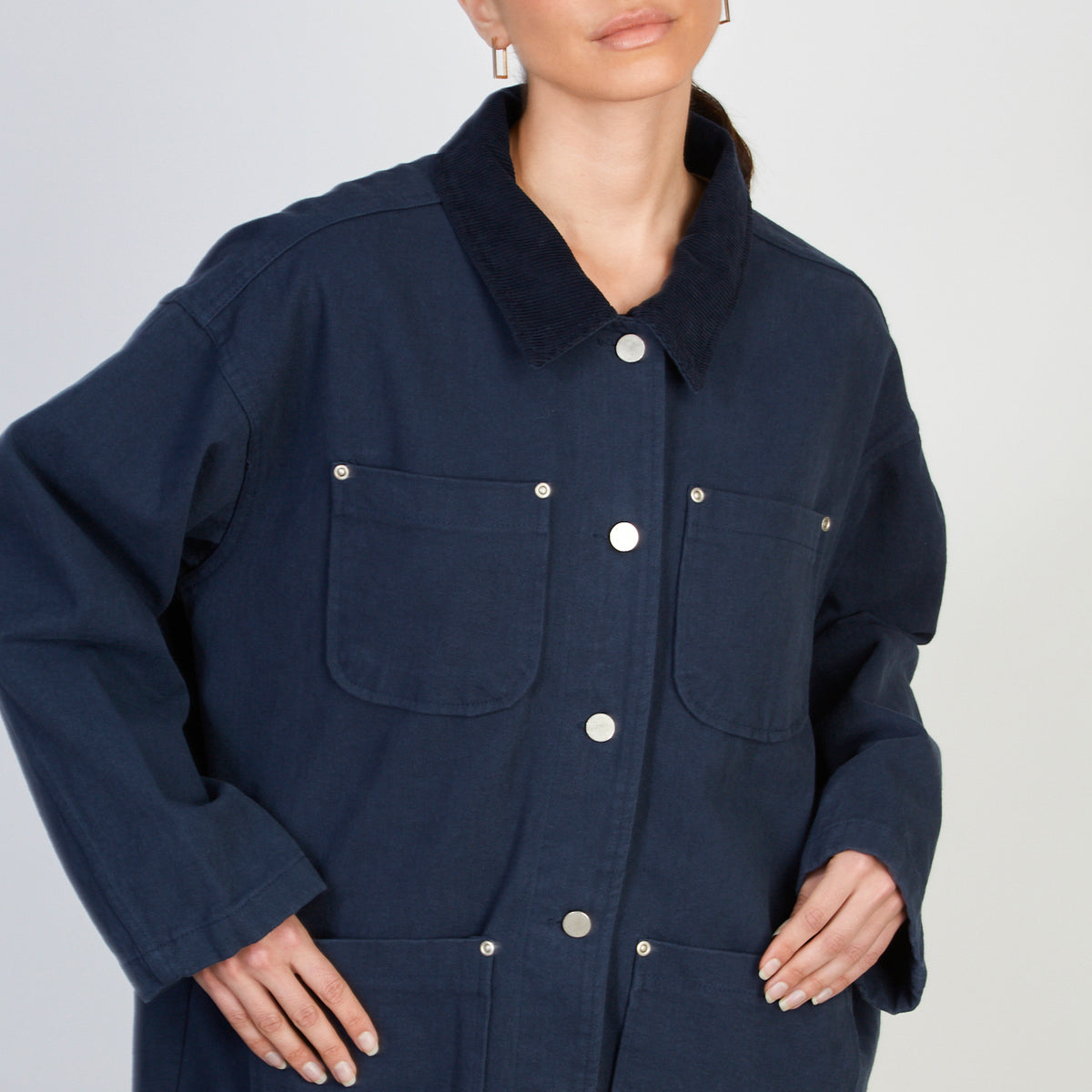 blue corduroy jacket is adopted as official dress. Glassworks London Navy Cotton Twill Corduroy Collar Jacket