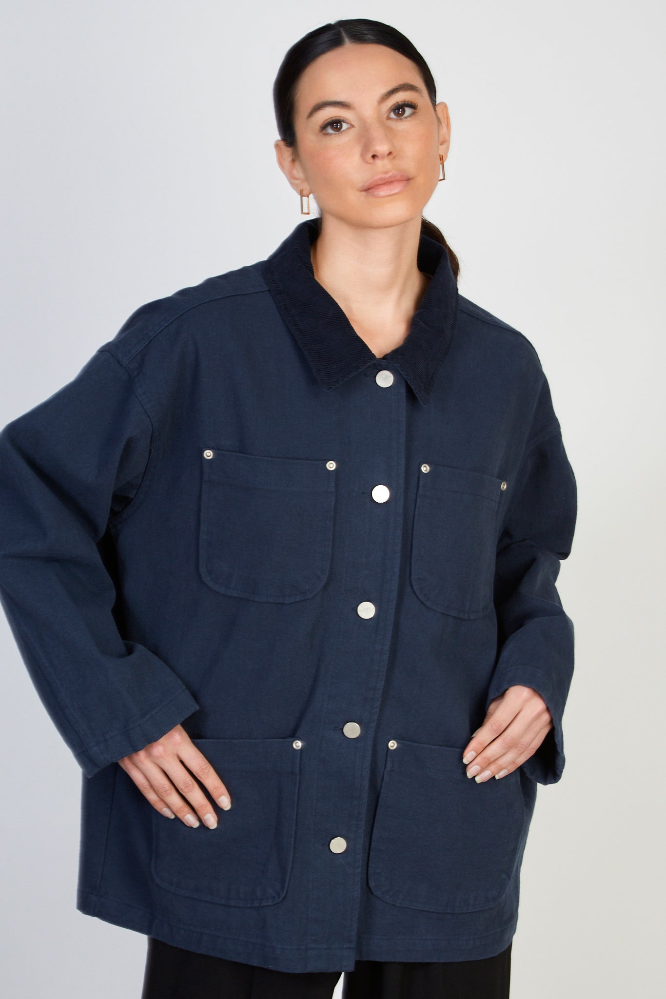 Navy cotton twill corduroy collar jacket_1