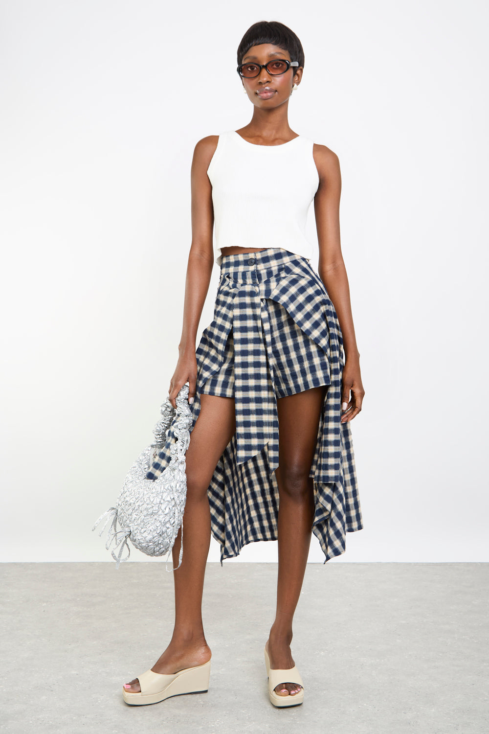 Navy gingham tie waist midi skort_4