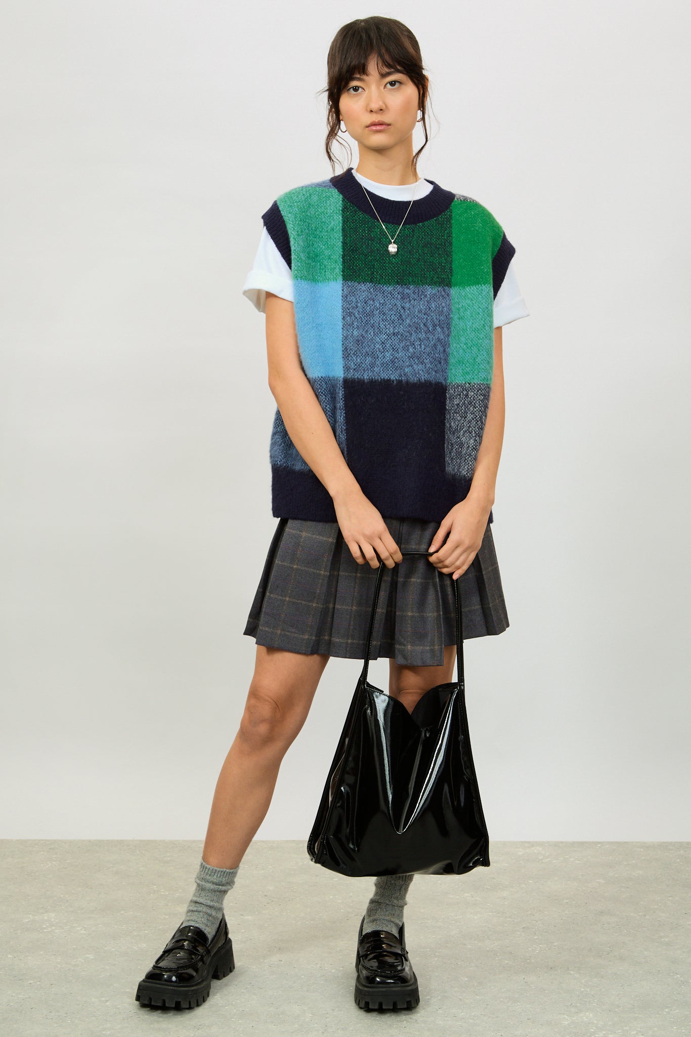 Navy green and light blue block check sweater vest_5