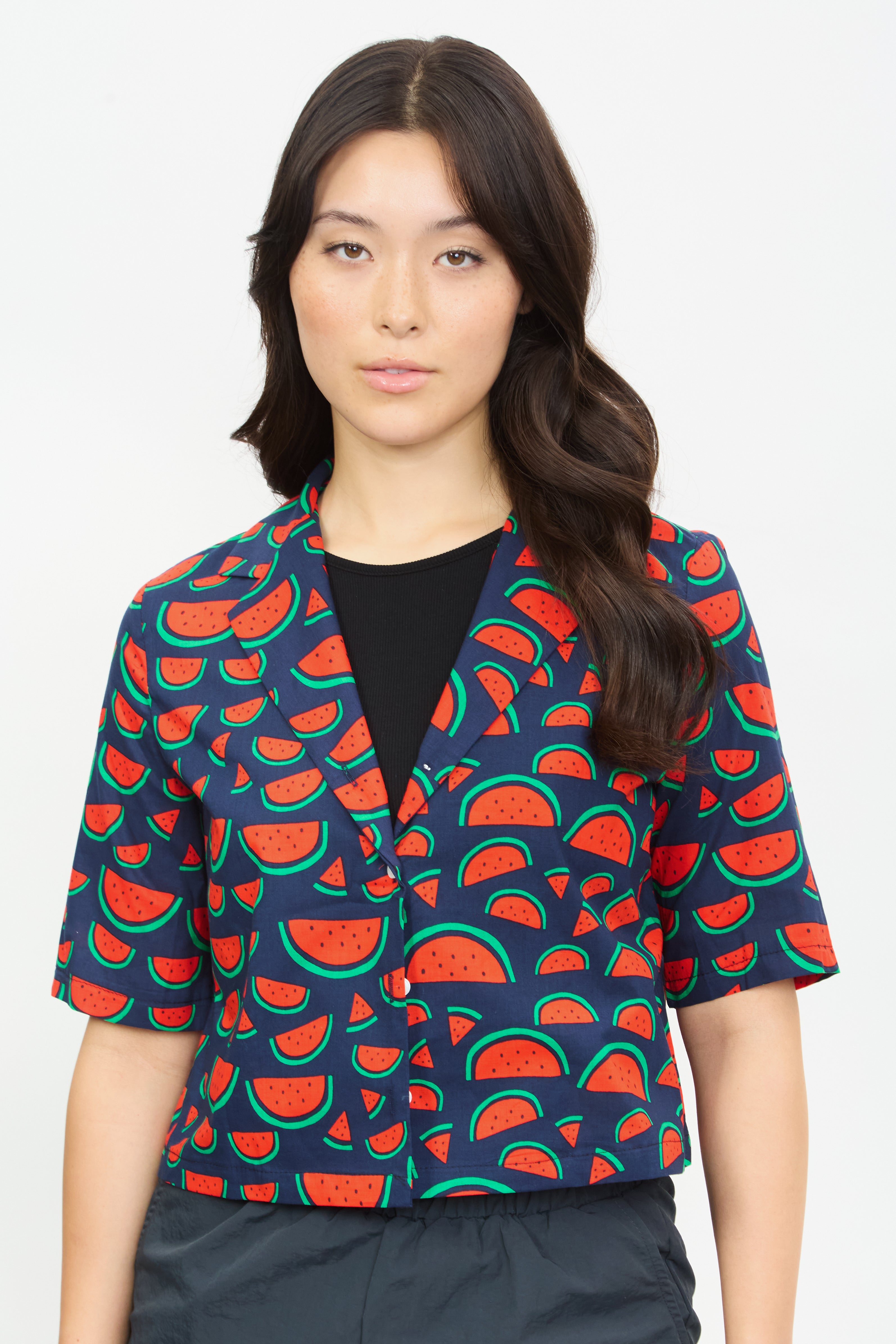Navy watermelon salad short sleeved shirt_1