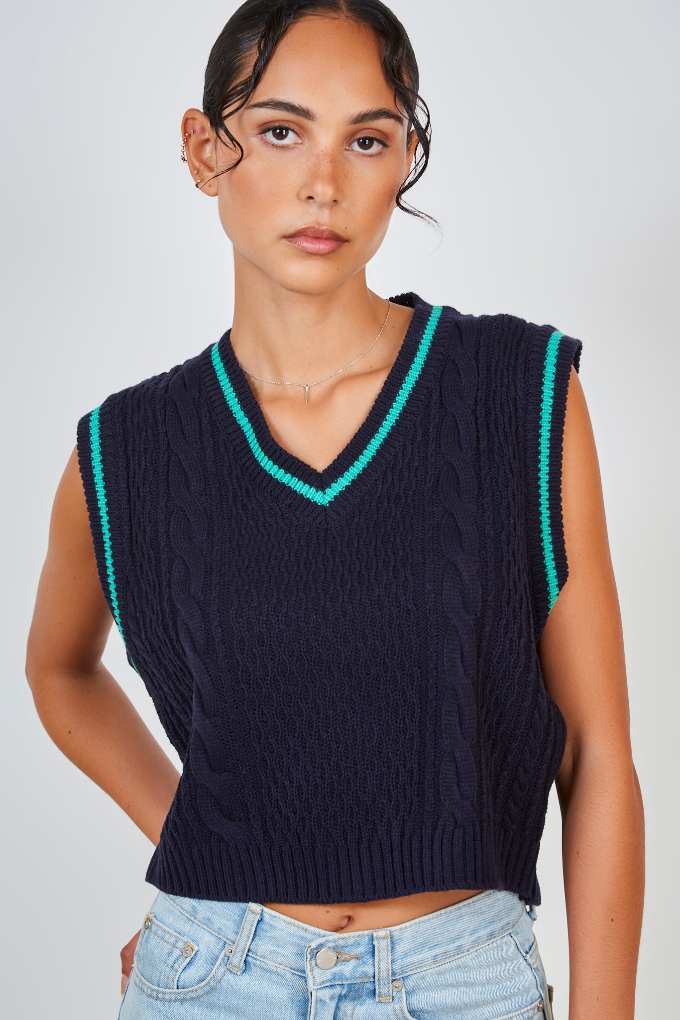 Navy and green varsity trim sweater vest_1