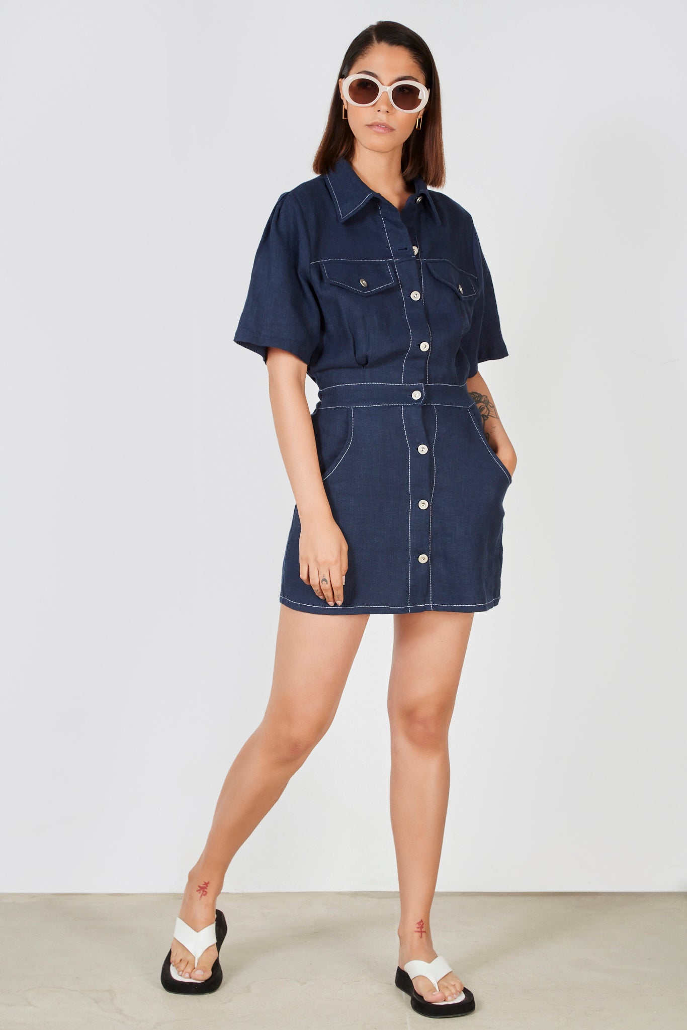 Navy and white contrast stitch mini dress_1