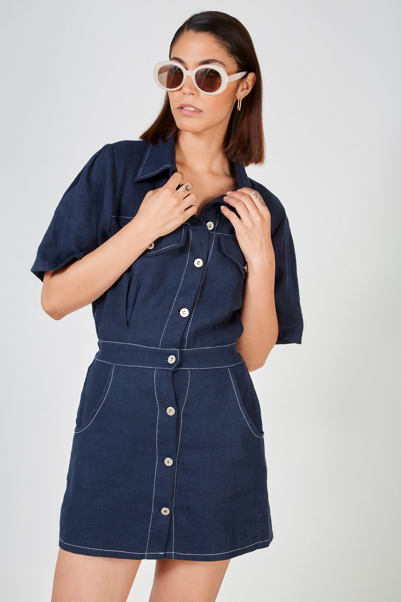 Navy and white contrast stitch mini dress_3