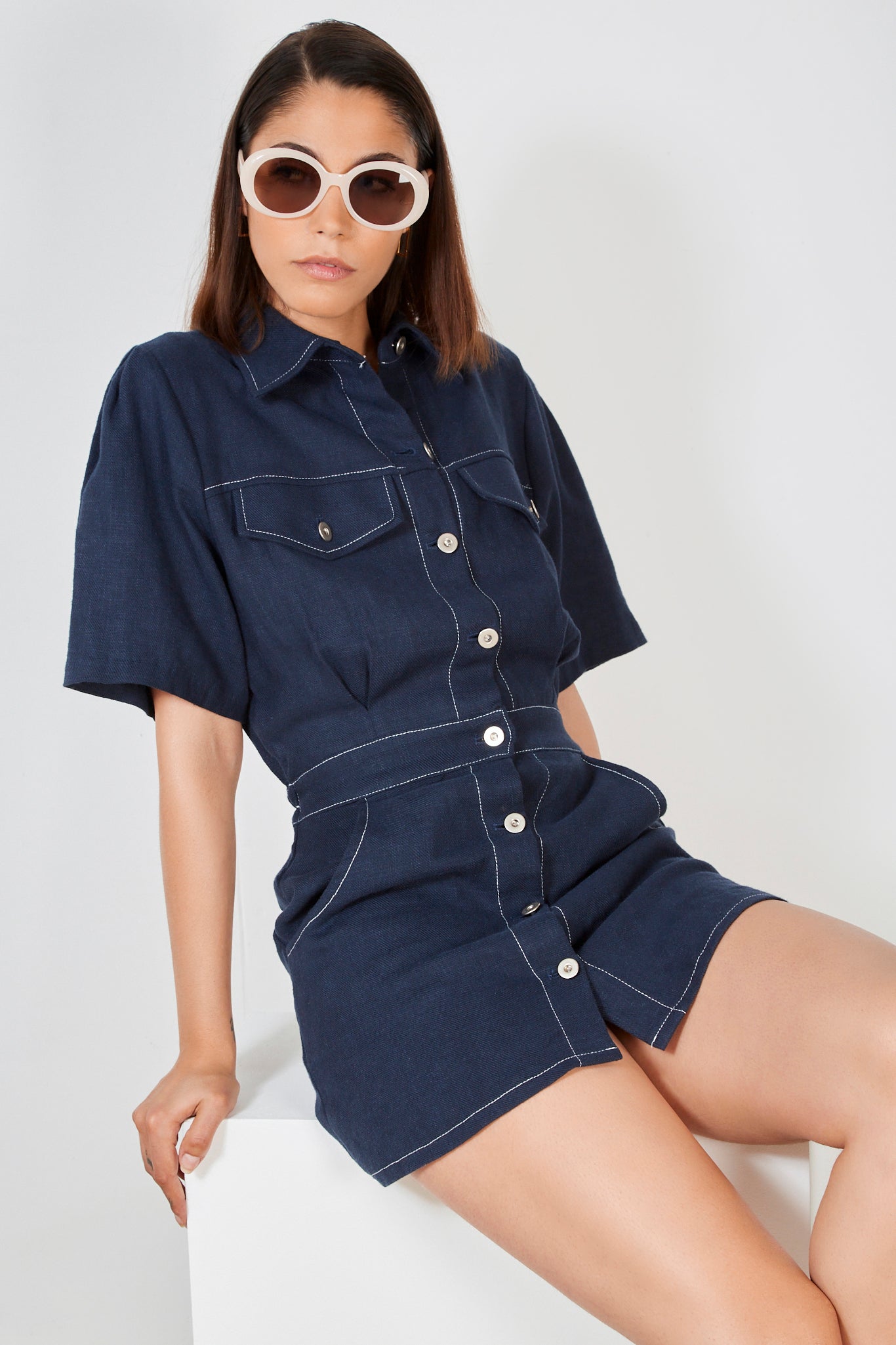 Navy and white contrast stitch mini dress_5