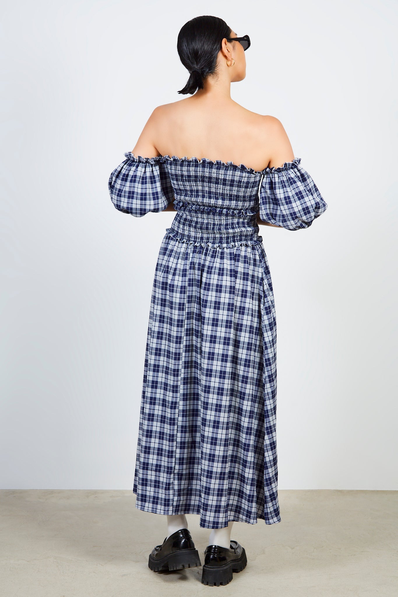 Navy and white giant check ruched bodice dress_2