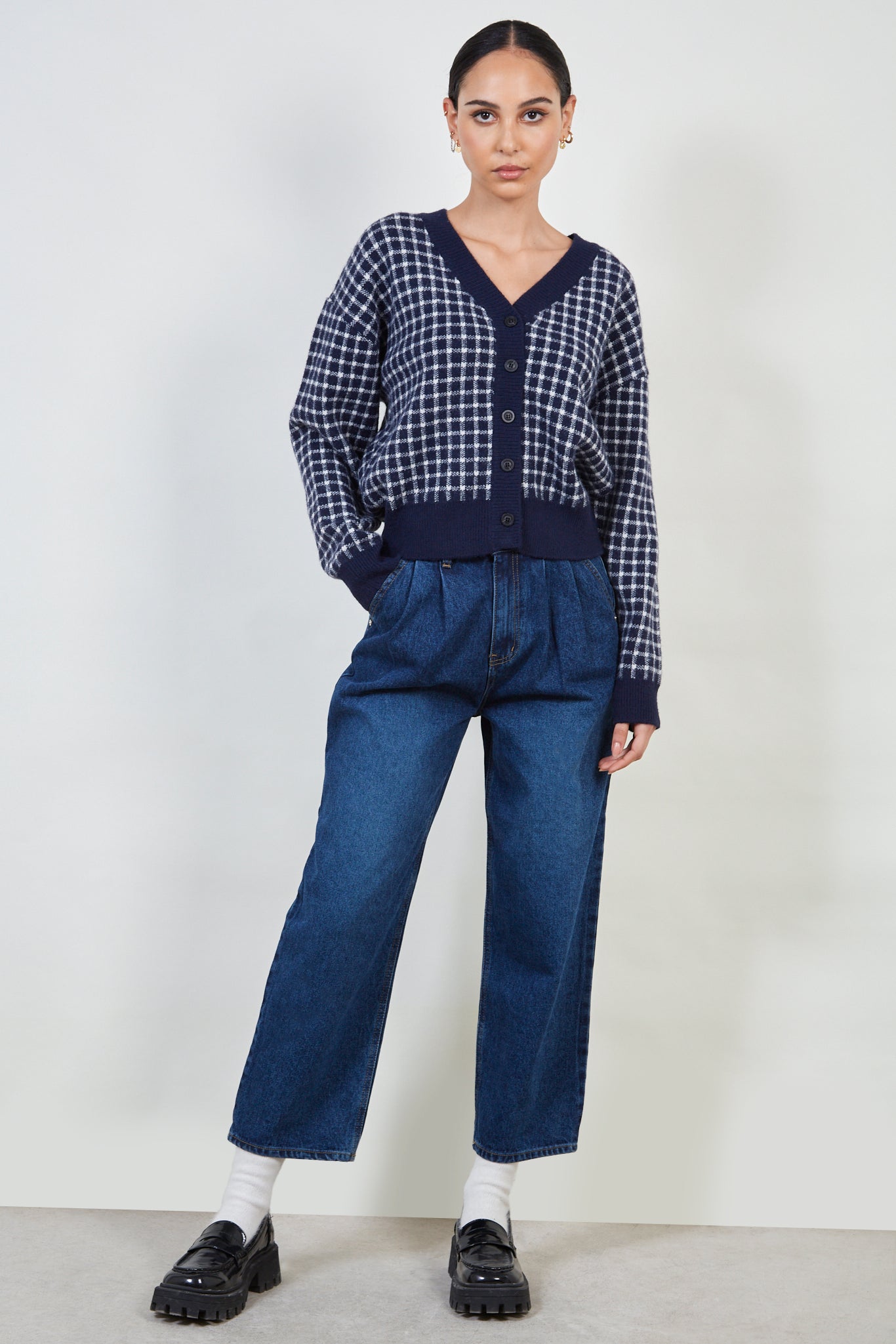 Navy and white gingham check cardigan_6